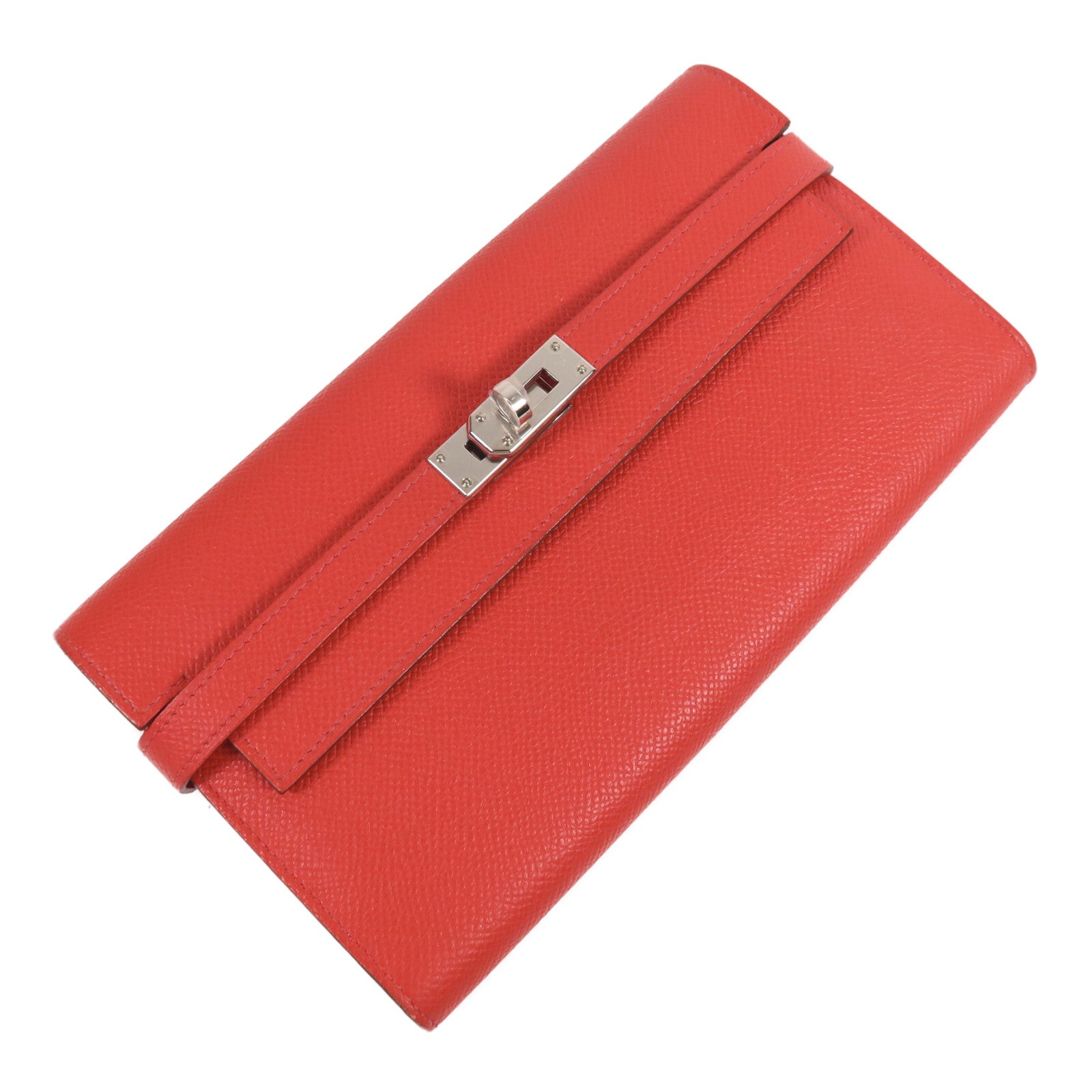 HERMES Epsom皮革Kelly Long Wallet銀扣長錢包Rouge Casaque