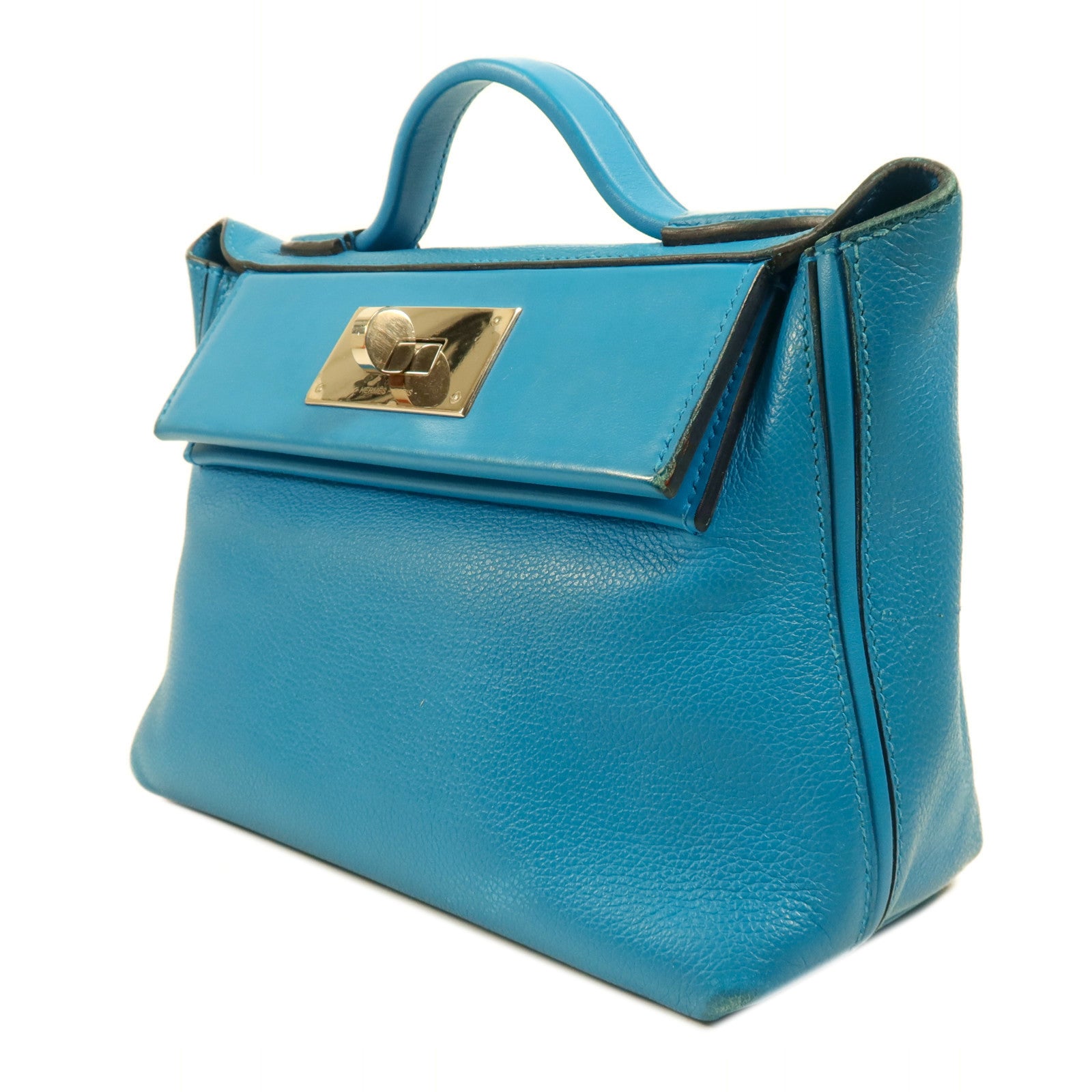 HERMES Evercolor皮革/Swift皮革24/24 Mini銀扣手挽肩背兩用袋Bleu Frida