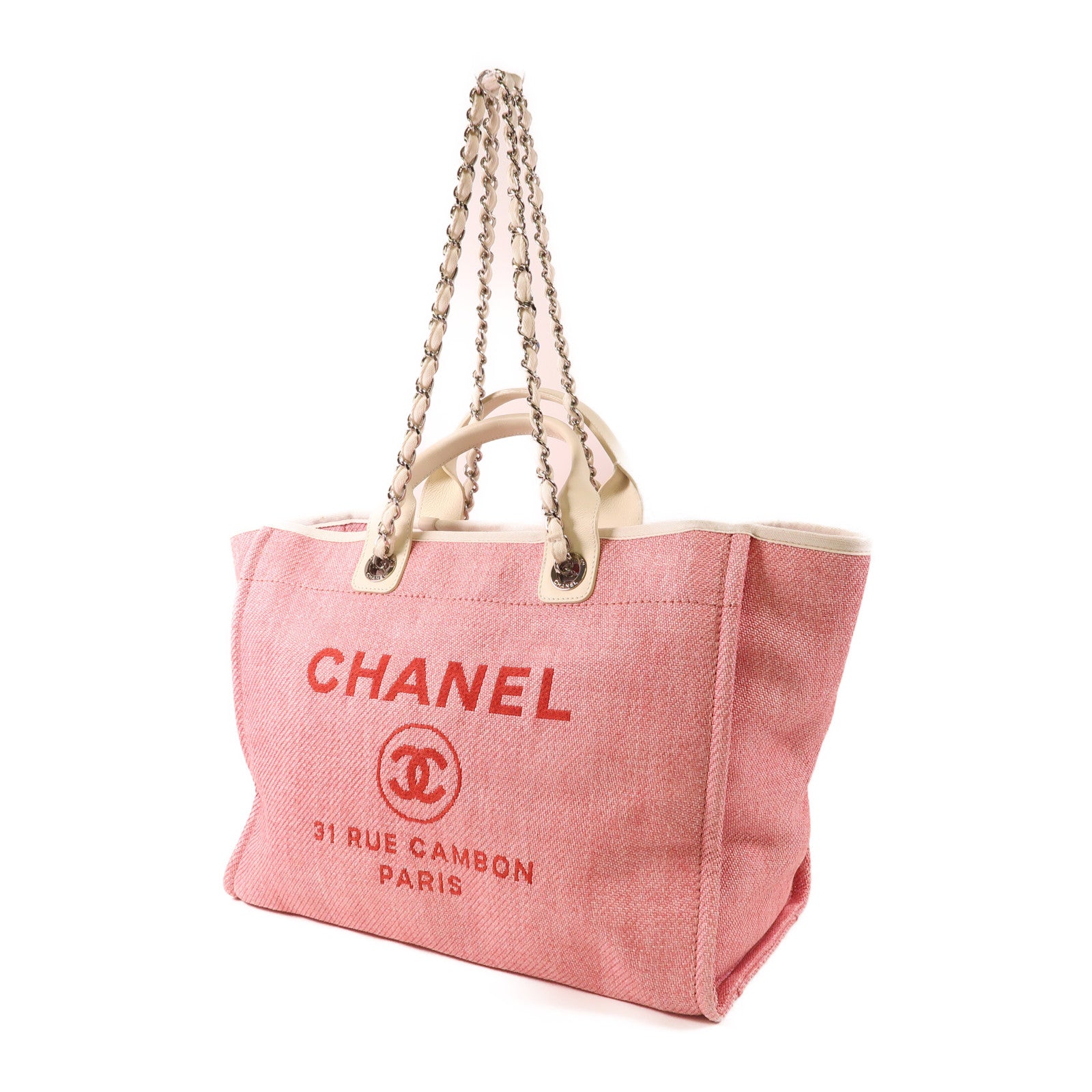 CHANEL 帆布Deauville Tote銀扣鏈帶手挽肩背兩用袋