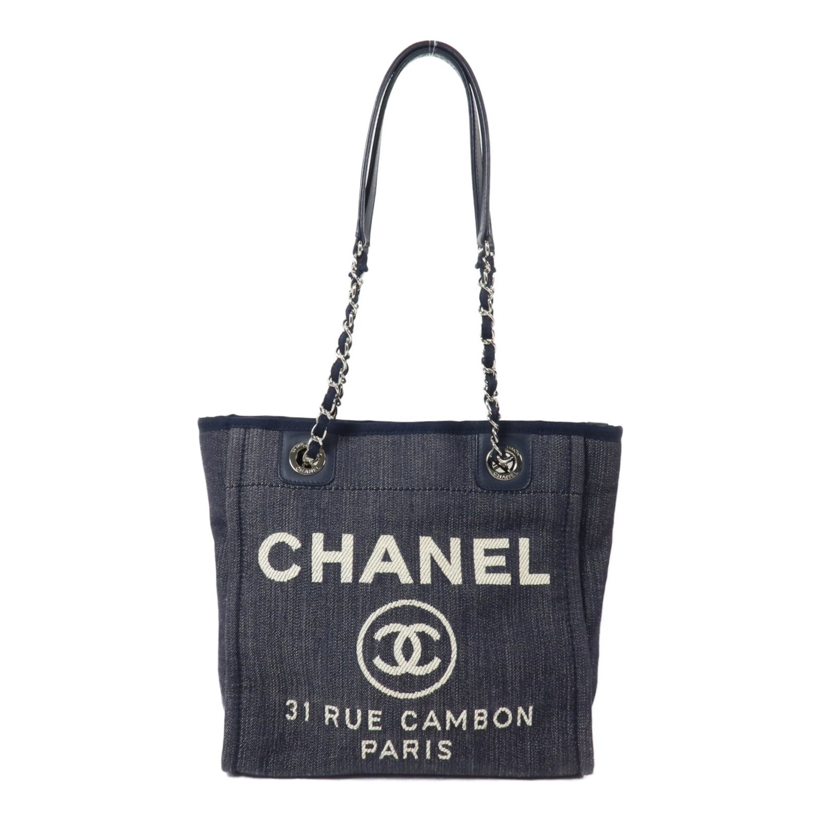 CHANEL 帆布Deauville PM Tote Bag鏈帶肩背袋