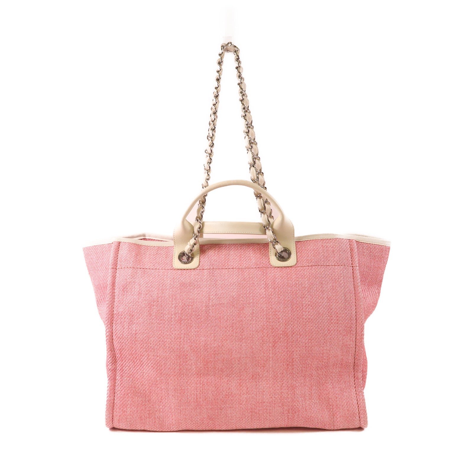 CHANEL 帆布Deauville Tote銀扣鏈帶手挽肩背兩用袋
