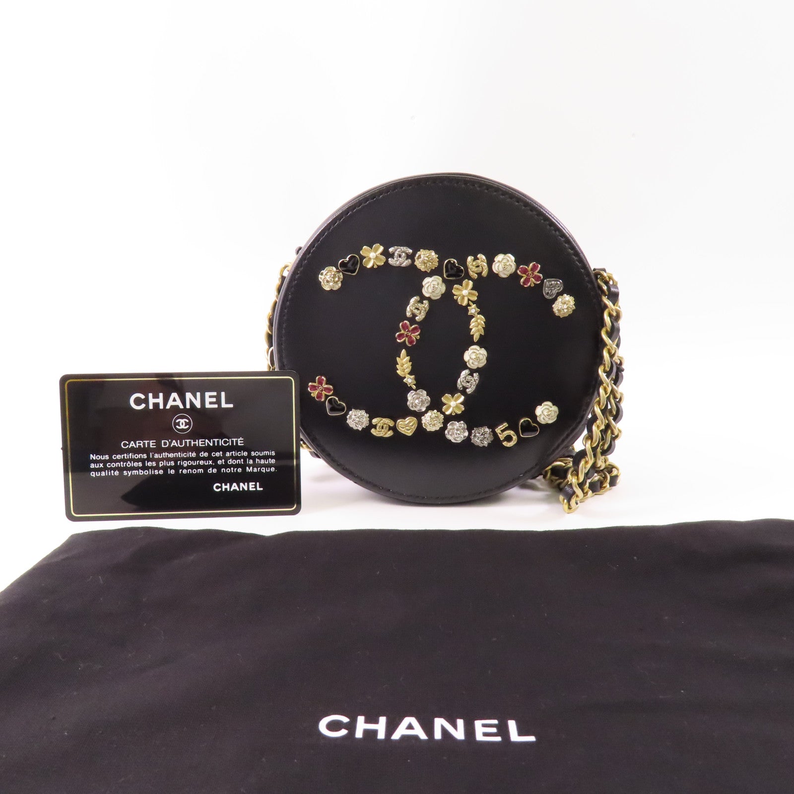 CHANEL 皮革Round Chain Shoulder Bag金扣鏈帶肩背袋