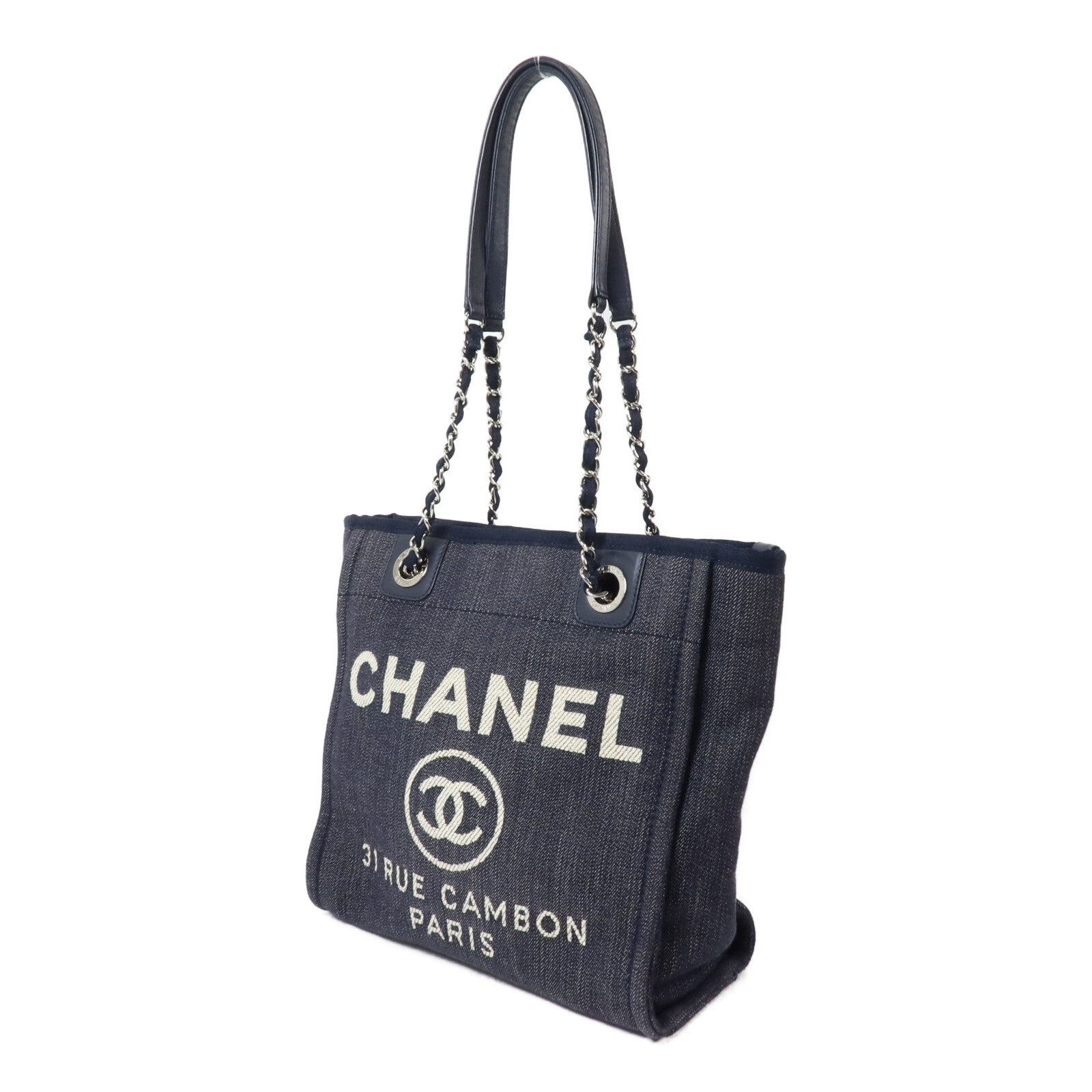 CHANEL 帆布Deauville PM Tote Bag鏈帶肩背袋