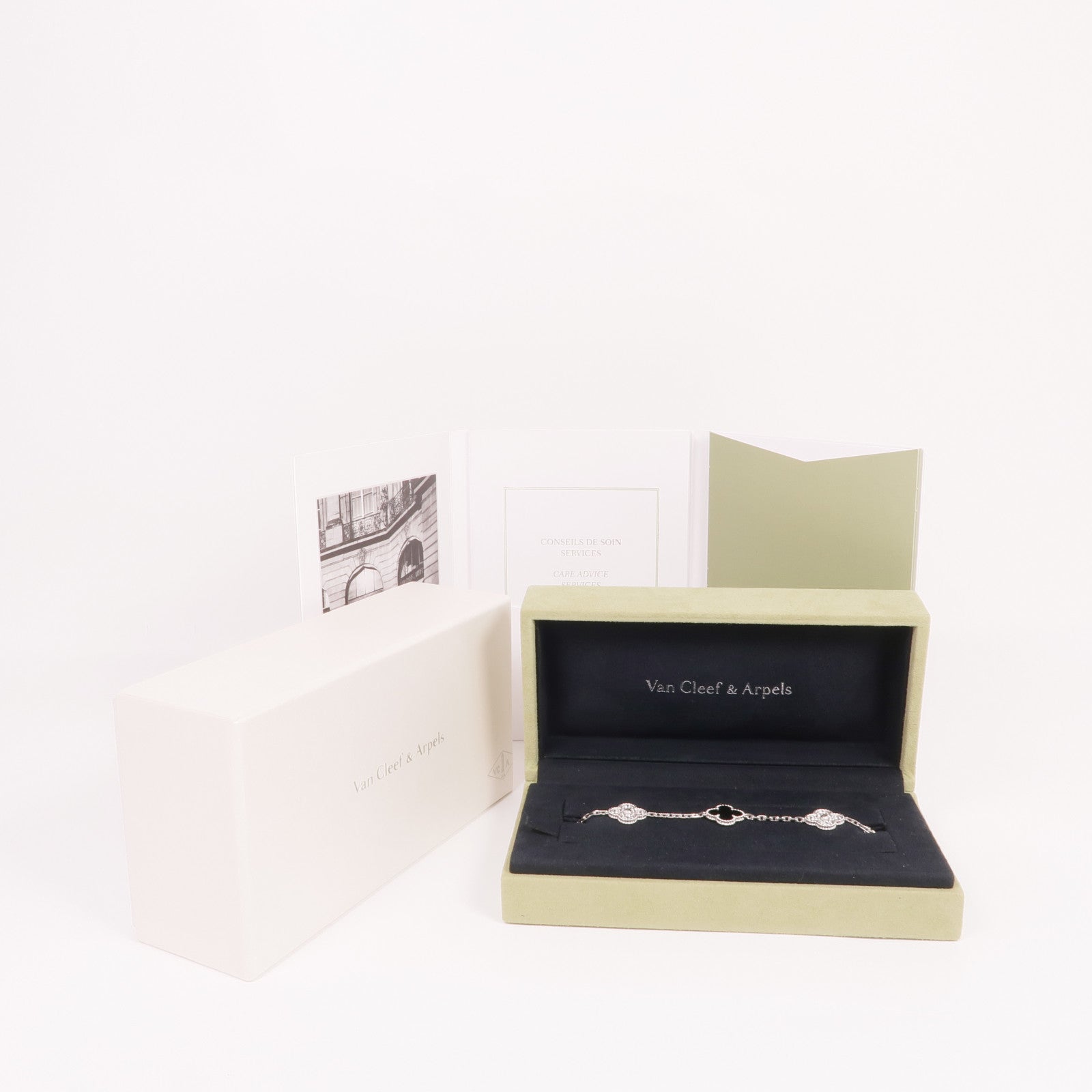Van Cleef & Arpels 18K白金Vintage Alhambra Bracelet 5 Motifs縞瑪瑙/鑽石手鏈