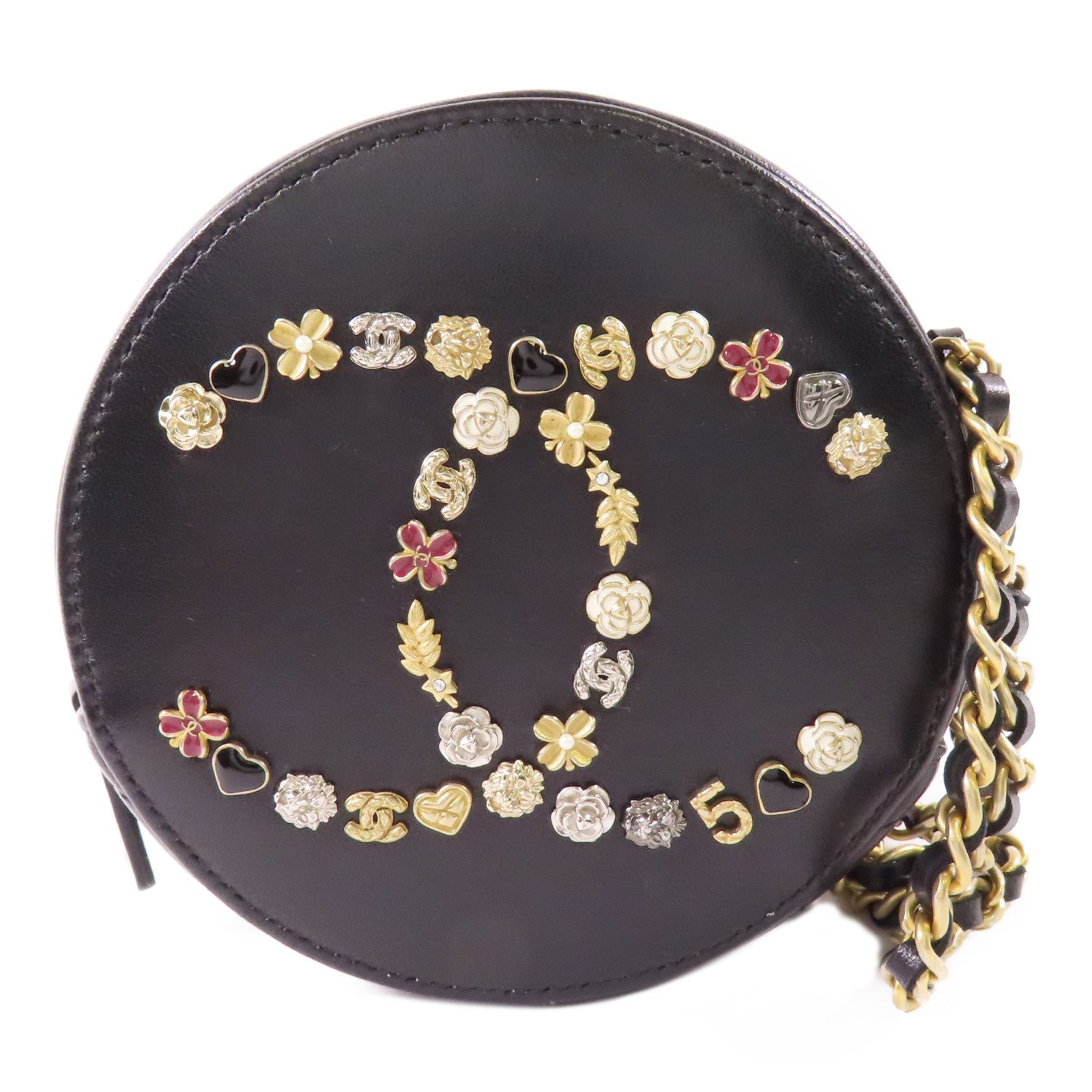 CHANEL 皮革Round Chain Shoulder Bag金扣鏈帶肩背袋