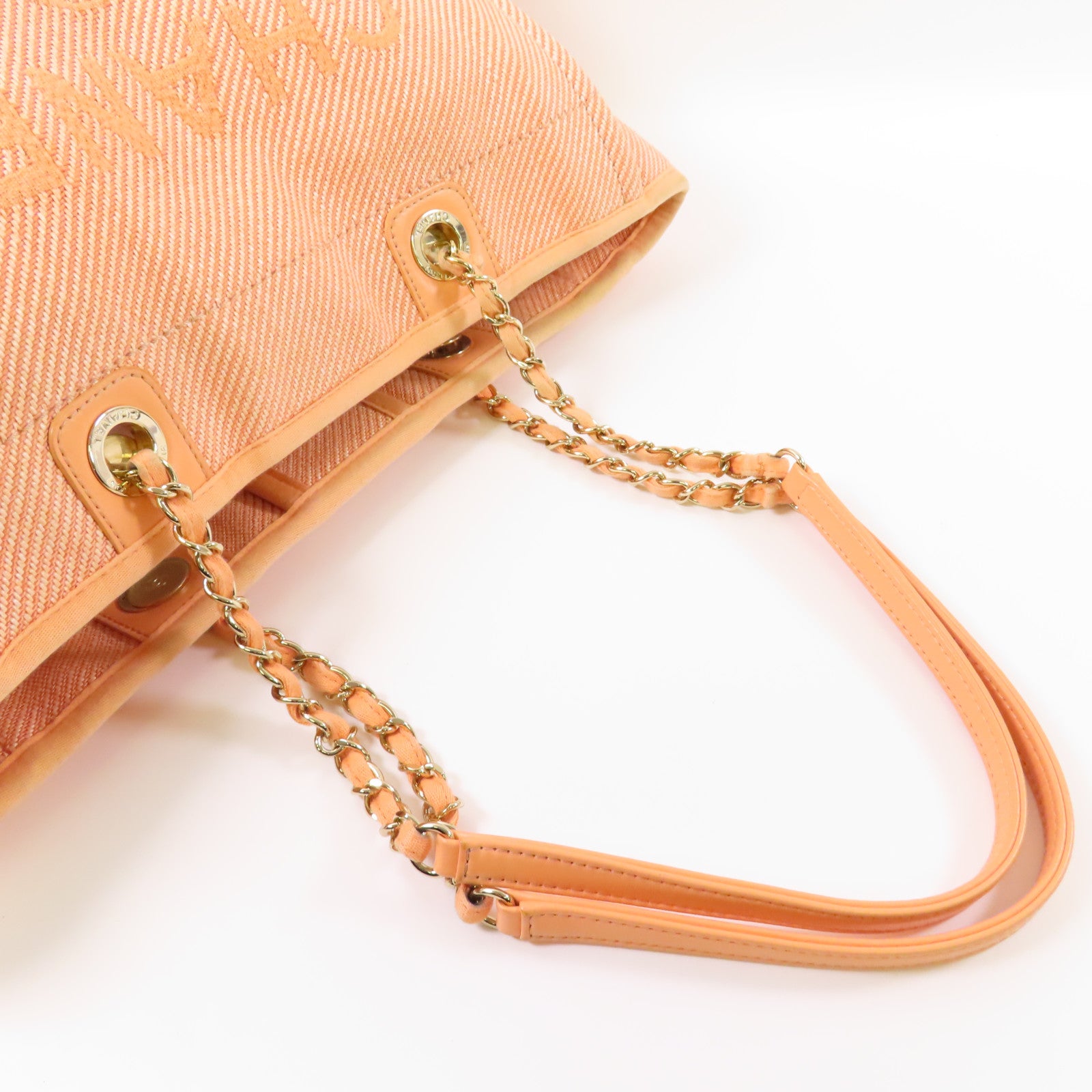 CHANEL 帆布Deauville Tote銀扣鏈帶肩背袋