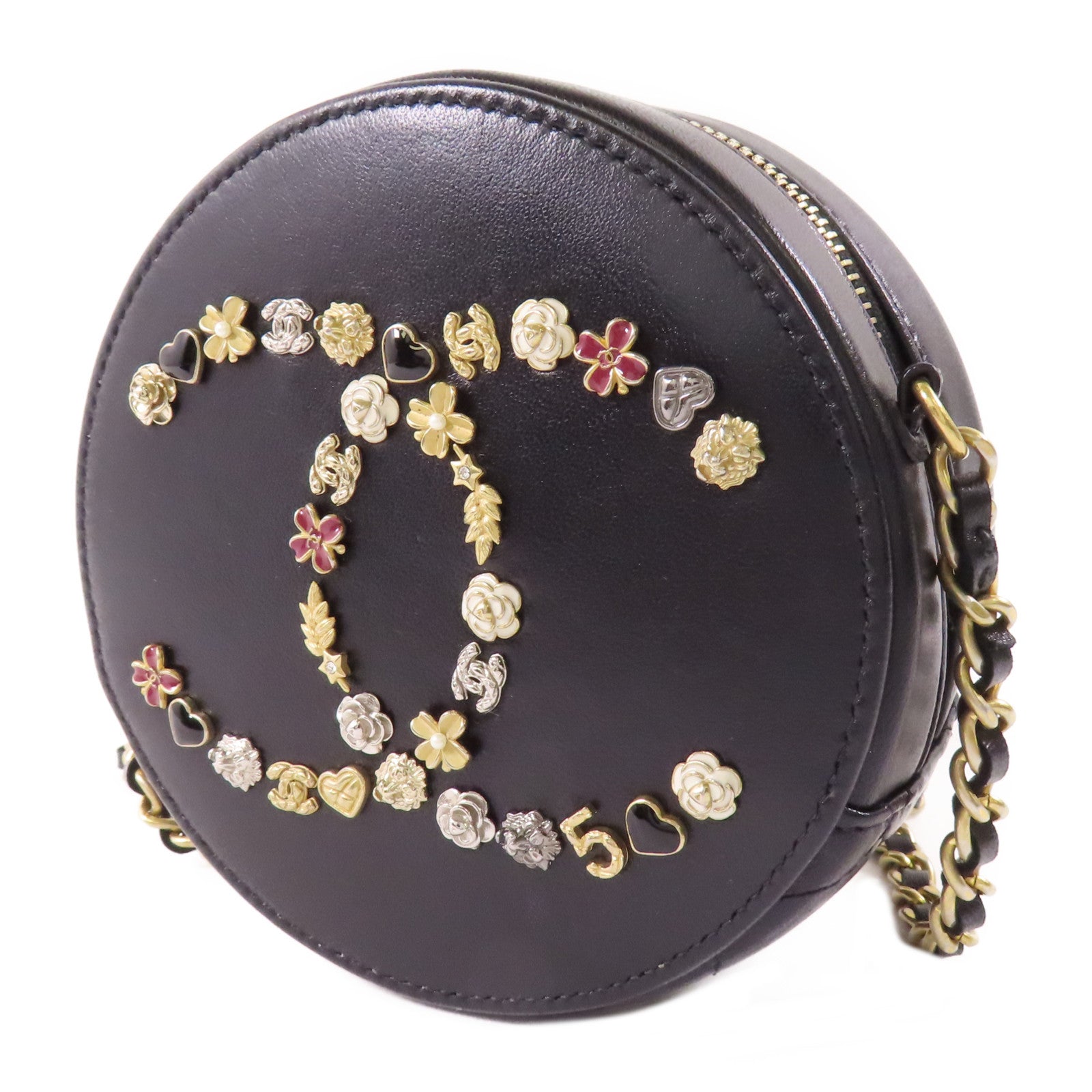 CHANEL 皮革Round Chain Shoulder Bag金扣鏈帶肩背袋