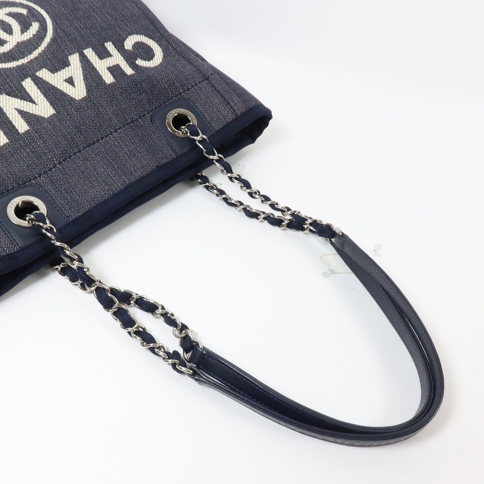 CHANEL 帆布Deauville PM Tote Bag鏈帶肩背袋