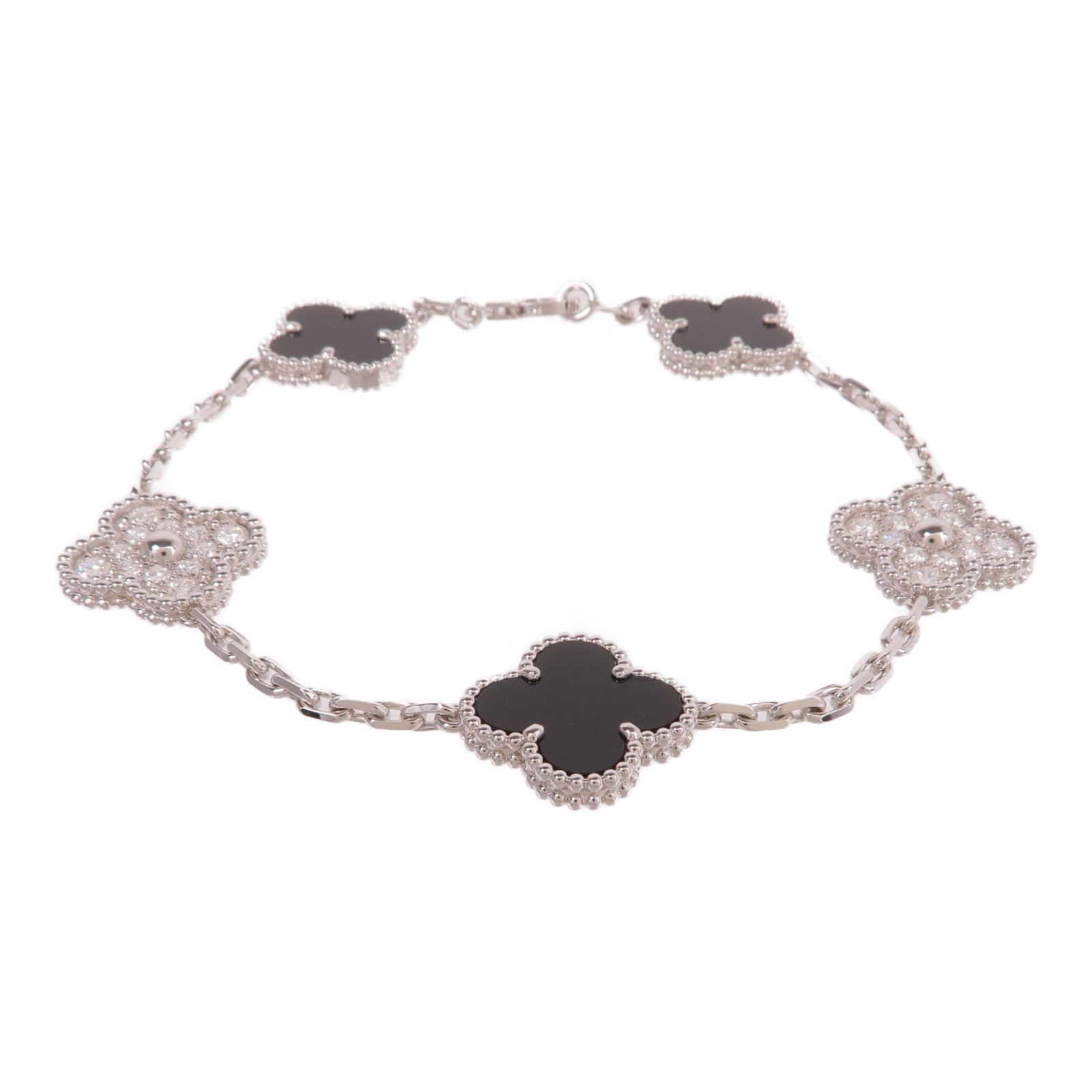 Van Cleef & Arpels 18K白金Vintage Alhambra Bracelet 5 Motifs縞瑪瑙/鑽石手鏈