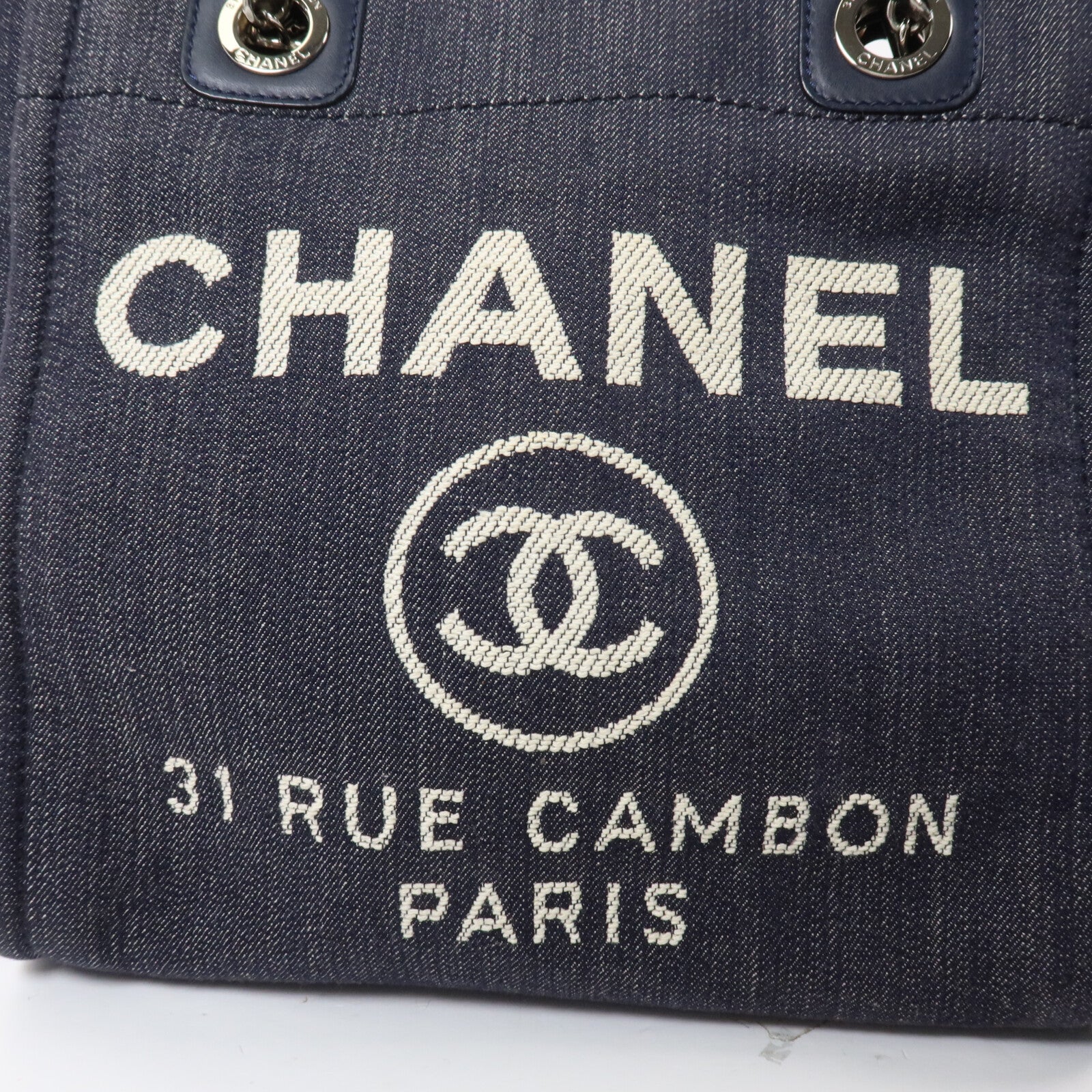 CHANEL 帆布Deauville PM Tote Bag鏈帶肩背袋
