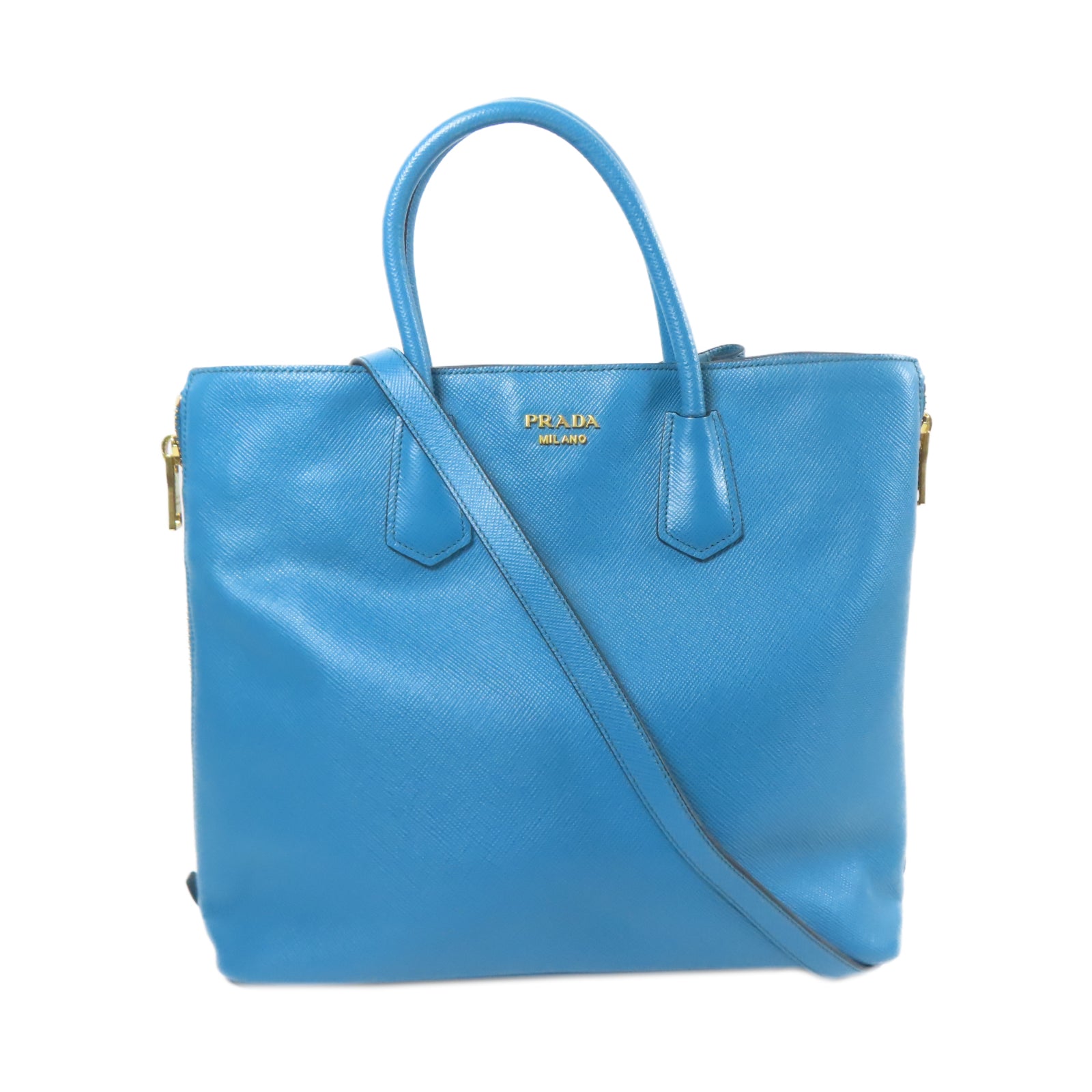 PRADA 【激減優惠】Saffiano皮革2 Way Shoulder Tote Bag金扣手挽肩背兩用袋藍色