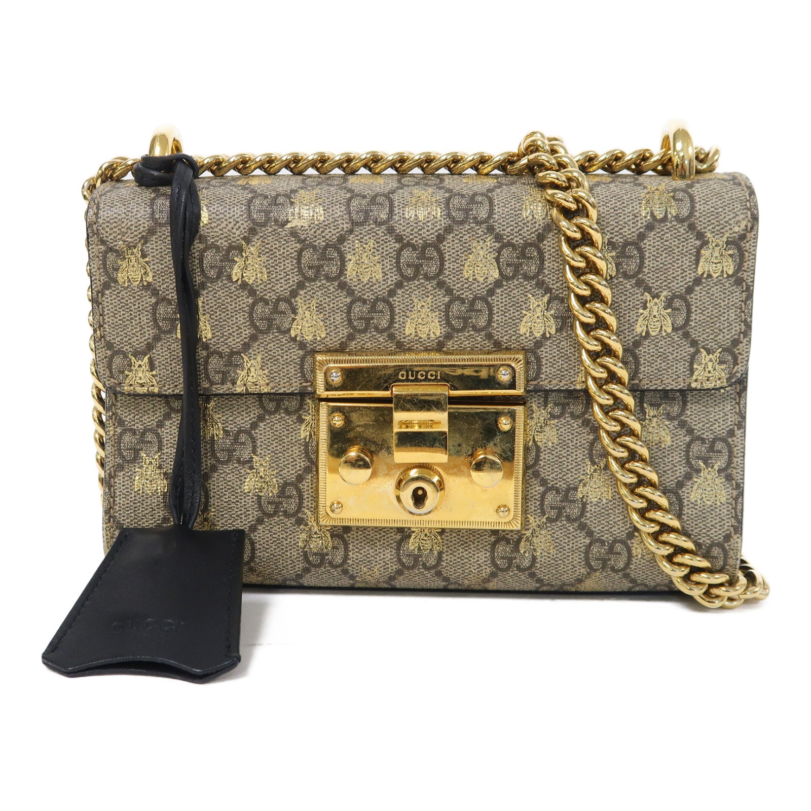 GUCCI 塗層帆布/皮革PadLock金扣鏈帶肩背袋啡色/黑色