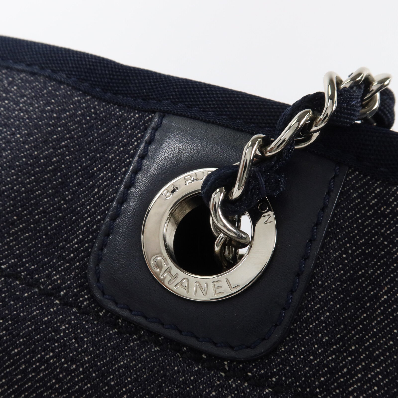 CHANEL 帆布Deauville PM Tote Bag鏈帶肩背袋