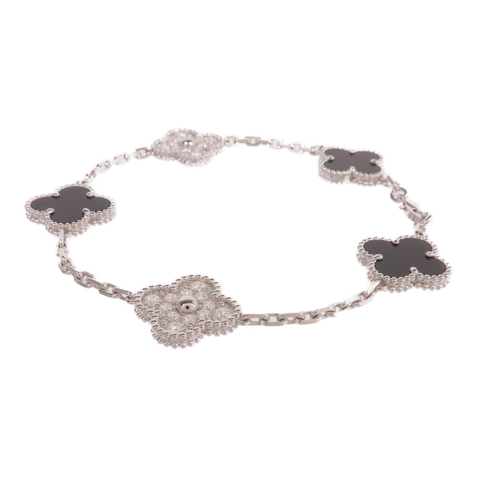 Van Cleef & Arpels 18K白金Vintage Alhambra Bracelet 5 Motifs縞瑪瑙/鑽石手鏈