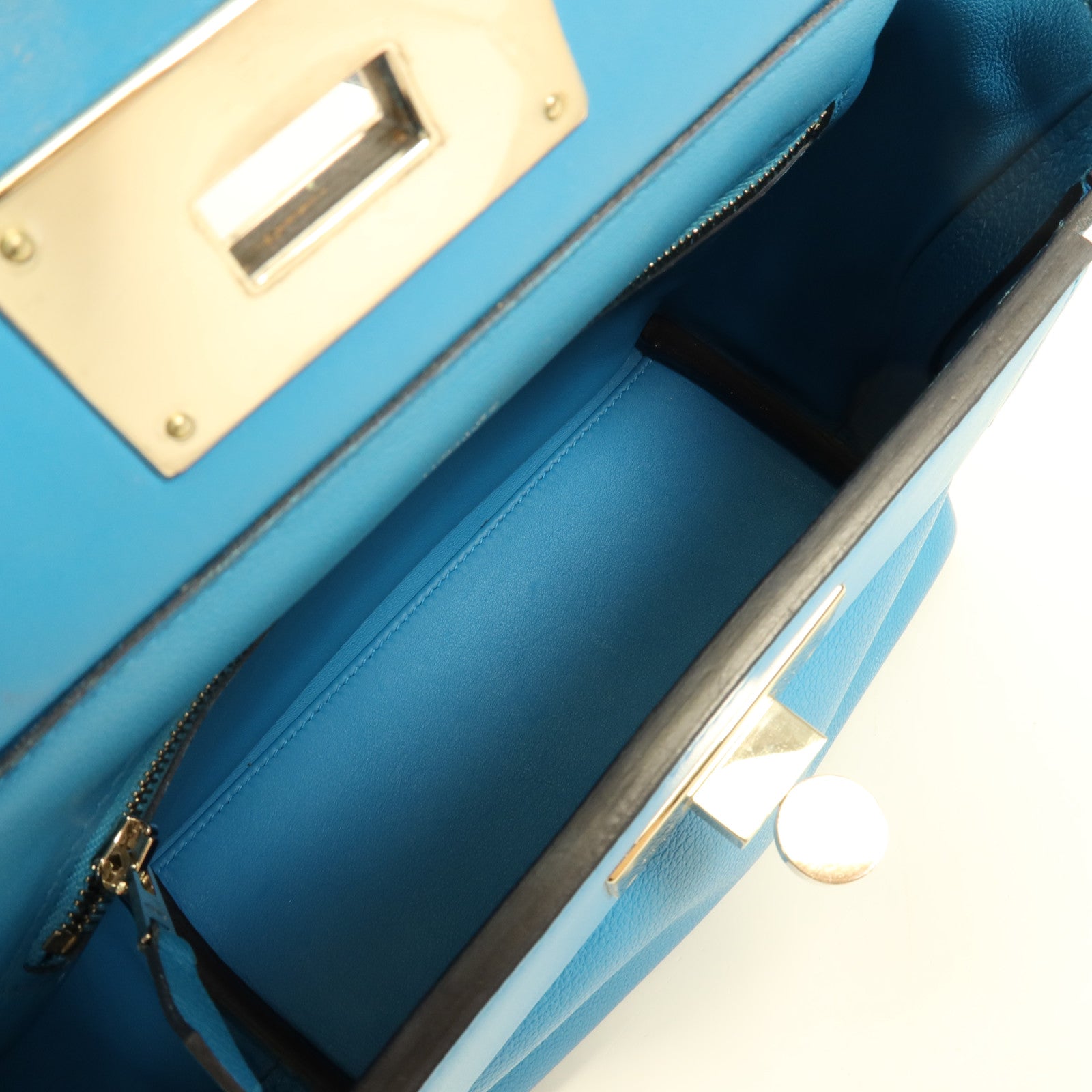 HERMES Evercolor皮革/Swift皮革24/24 Mini銀扣手挽肩背兩用袋Bleu Frida