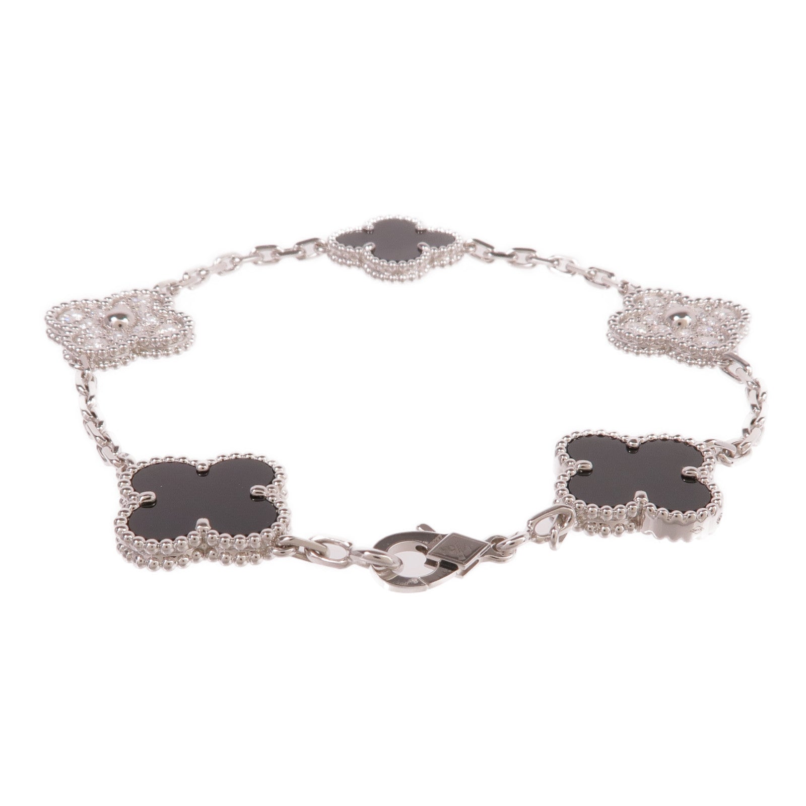 Van Cleef & Arpels 18K白金Vintage Alhambra Bracelet 5 Motifs縞瑪瑙/鑽石手鏈