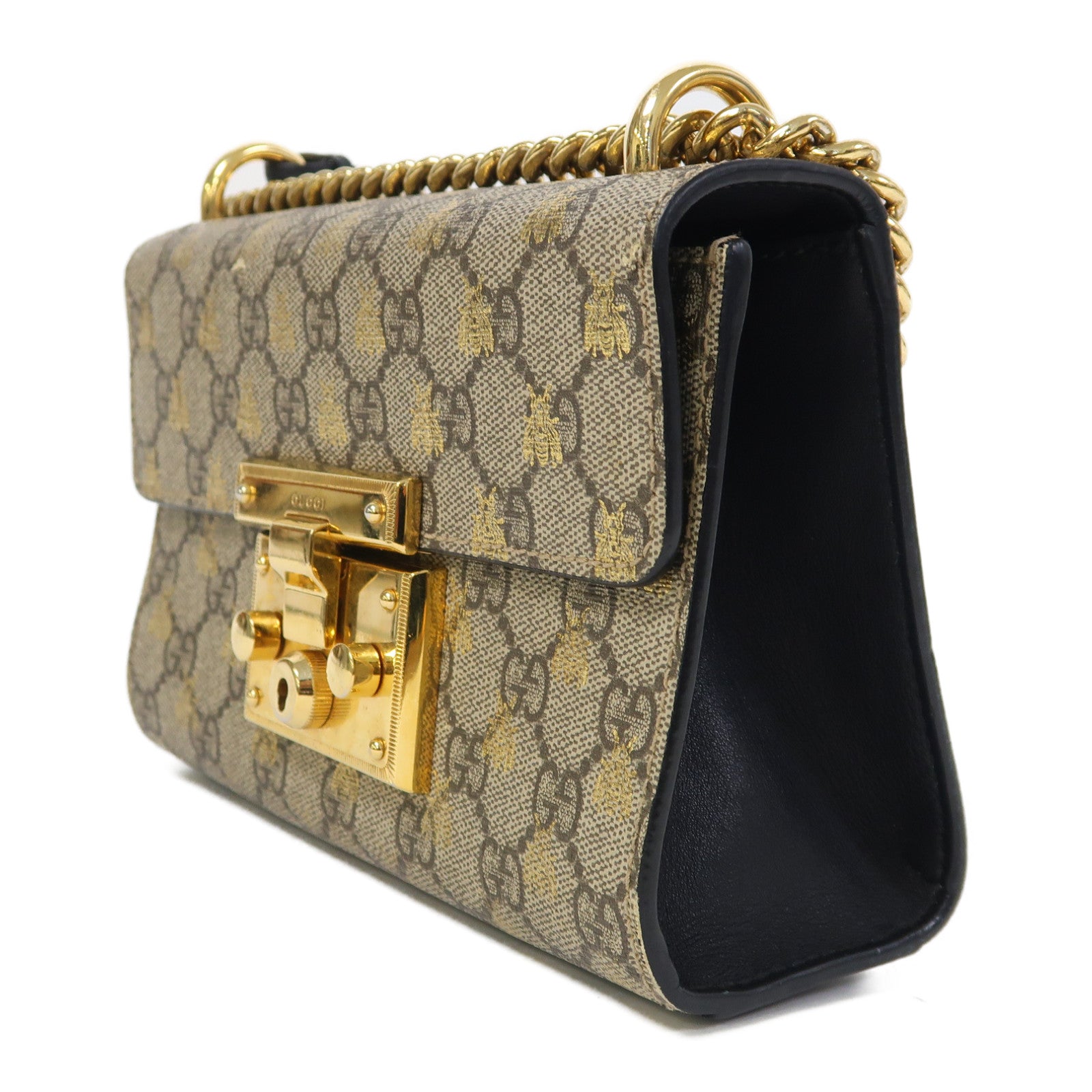 GUCCI 塗層帆布/皮革PadLock金扣鏈帶肩背袋啡色/黑色