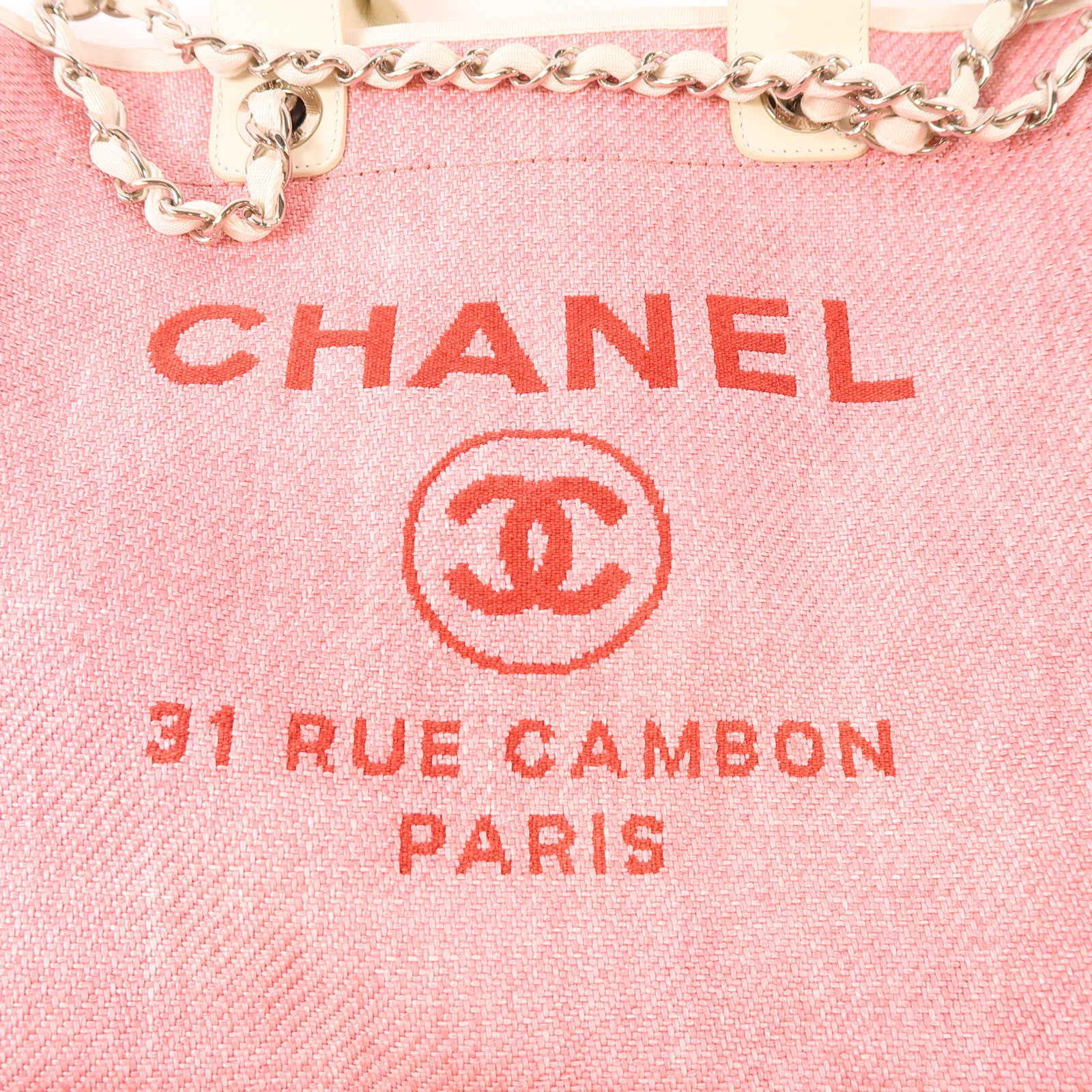 CHANEL 帆布Deauville Tote銀扣鏈帶手挽肩背兩用袋