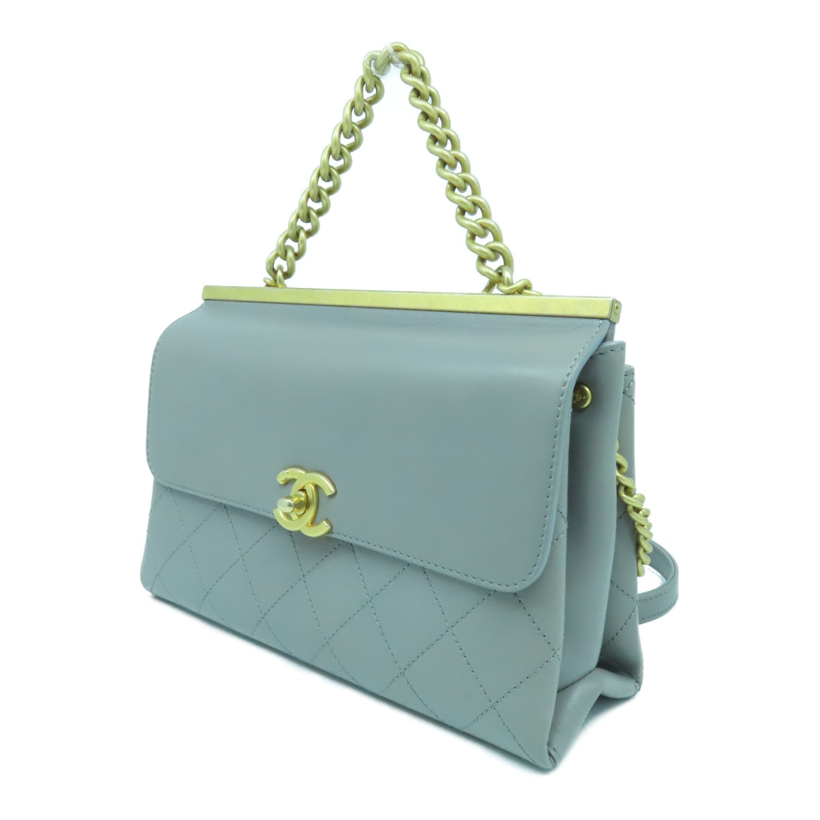CHANEL 【激減優惠】菱格牛皮皮革Chain Shoulder Bag金扣手挽肩背兩用袋灰色
