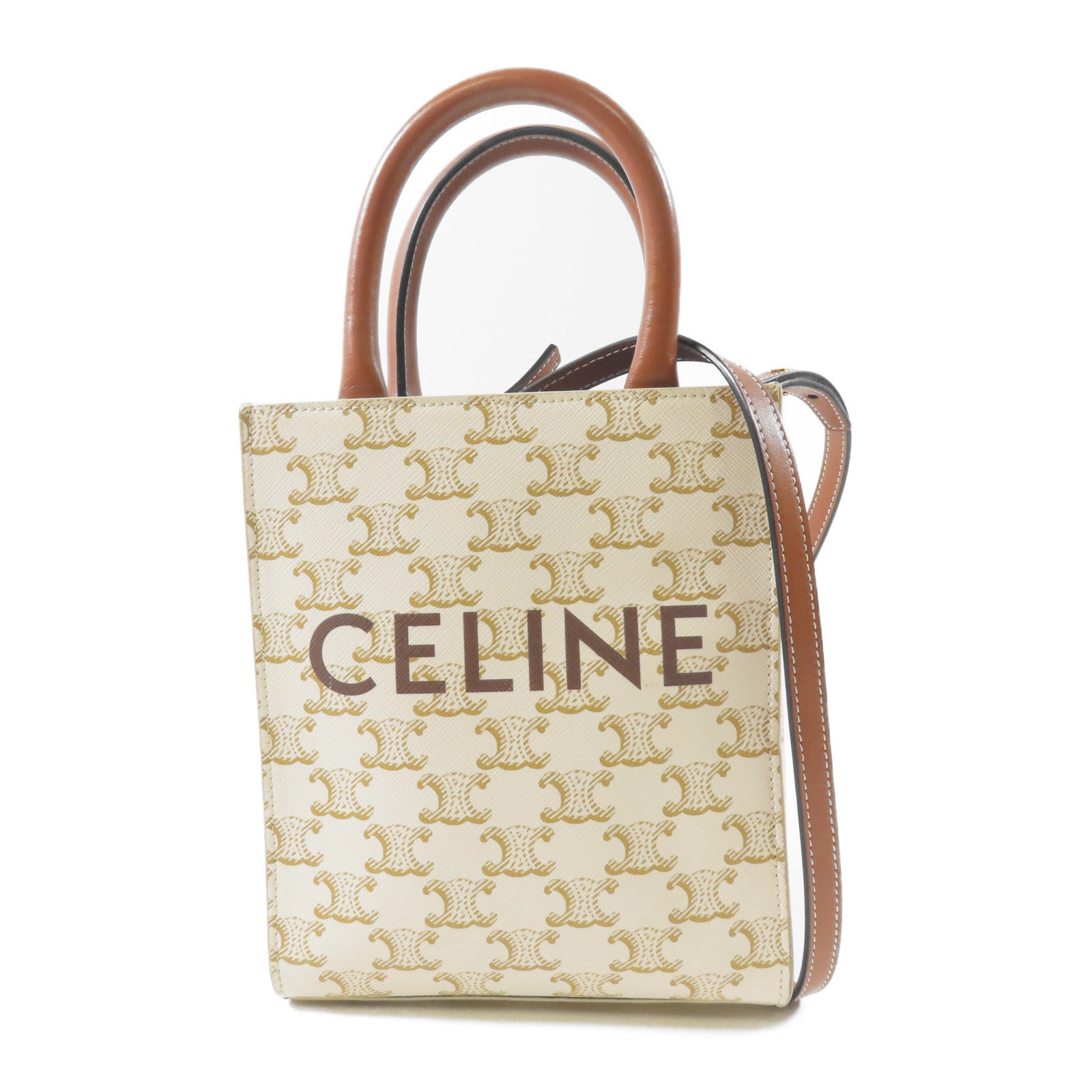 CELINE 塗層帆布/皮革Vertical Cabas Triomphe金扣手挽肩背兩用袋白色/啡色