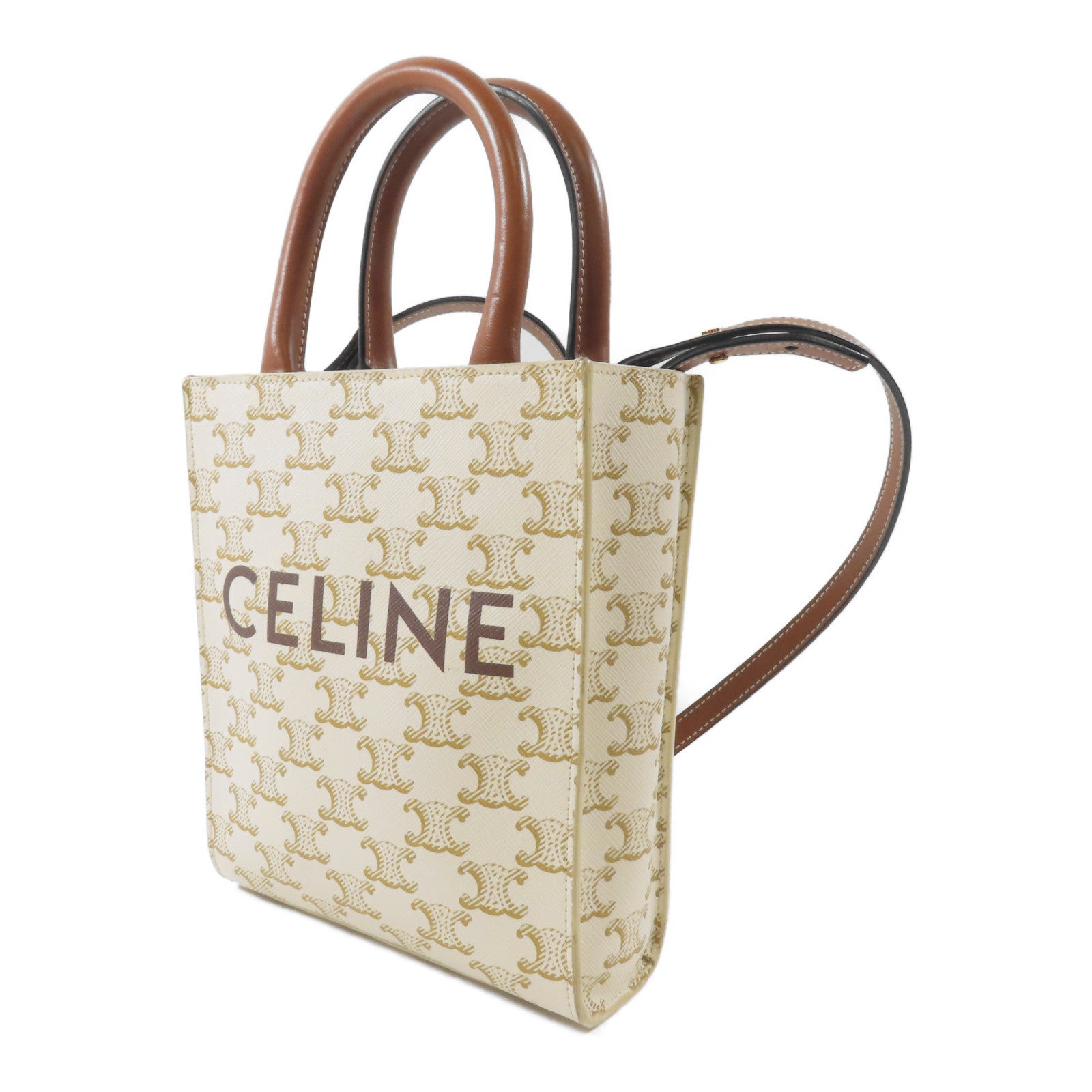 CELINE 塗層帆布/皮革Vertical Cabas Triomphe金扣手挽肩背兩用袋白色/啡色