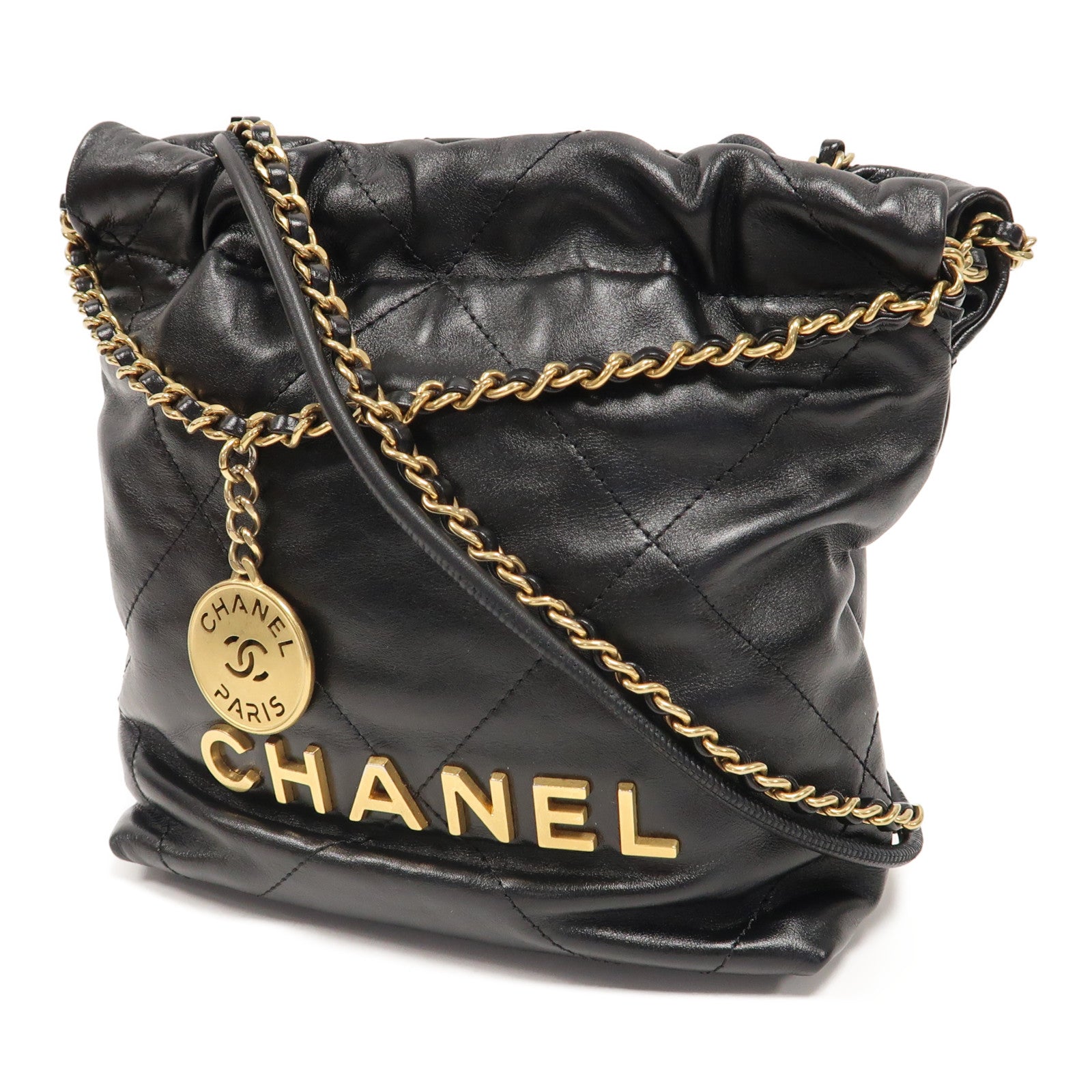 CHANEL 【激減優惠】菱格牛皮皮革C22 Mini金扣鏈帶肩背袋黑色