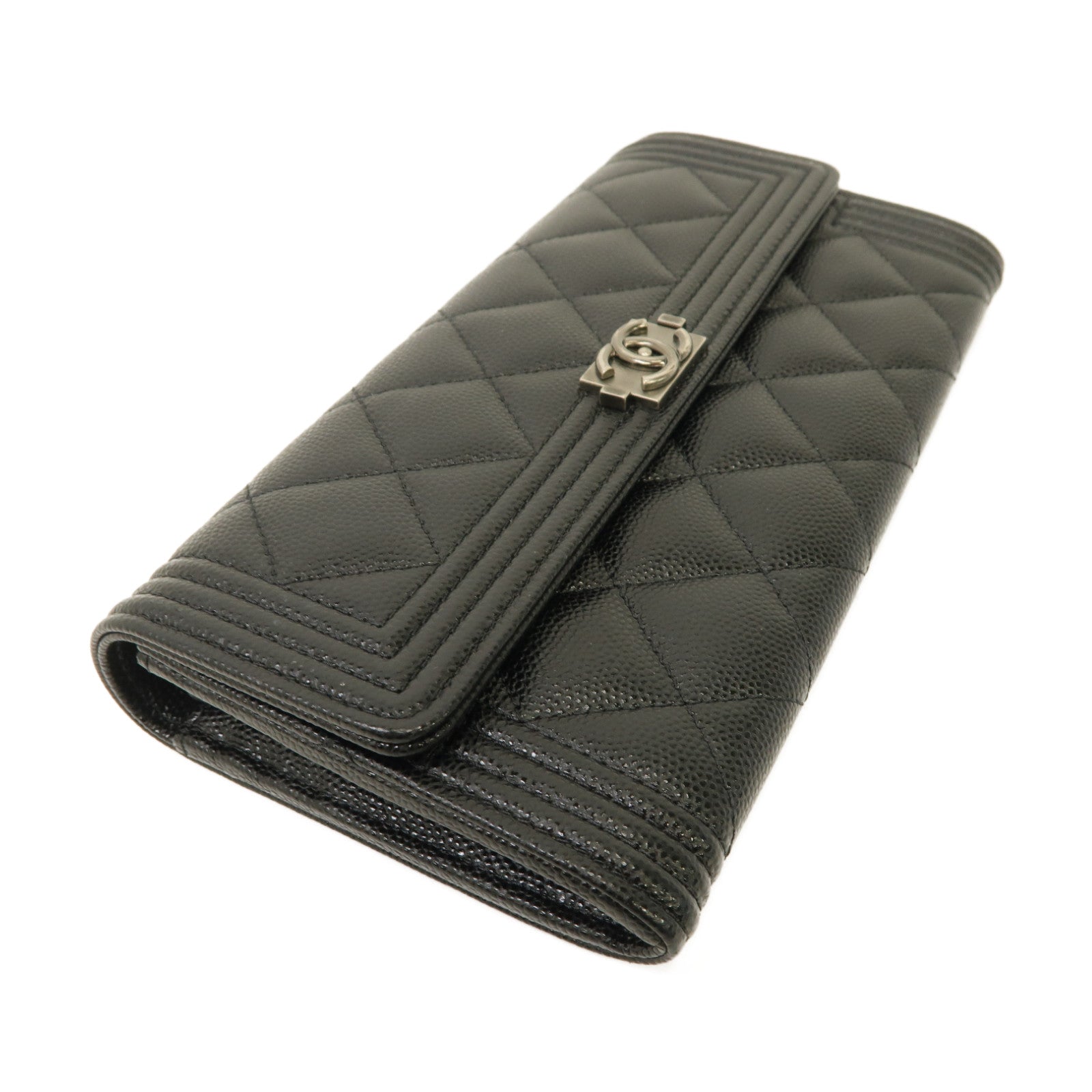 CHANEL 菱格Caviar皮革Boy Long Wallet銀扣長錢包黑色