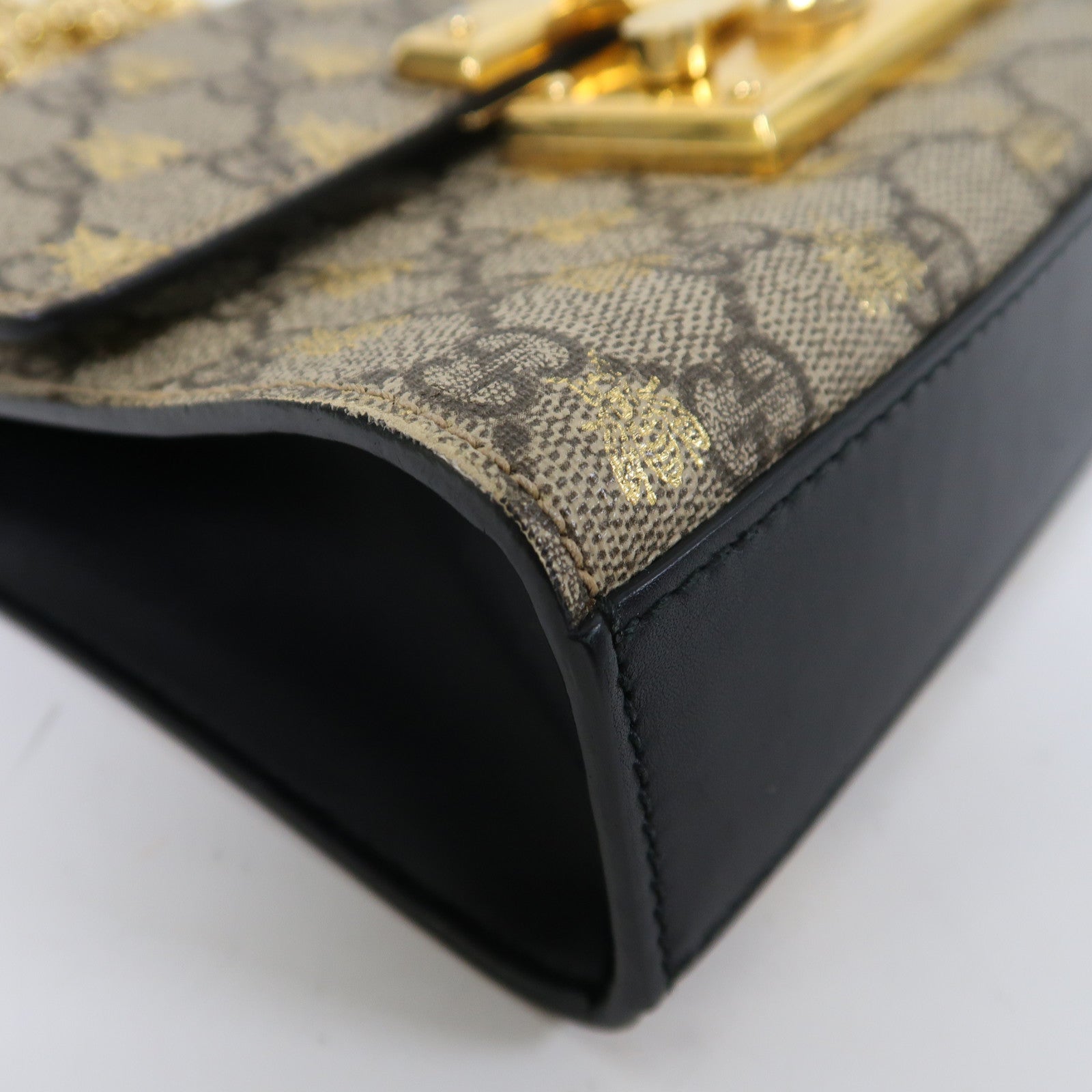 GUCCI 塗層帆布/皮革PadLock金扣鏈帶肩背袋啡色/黑色