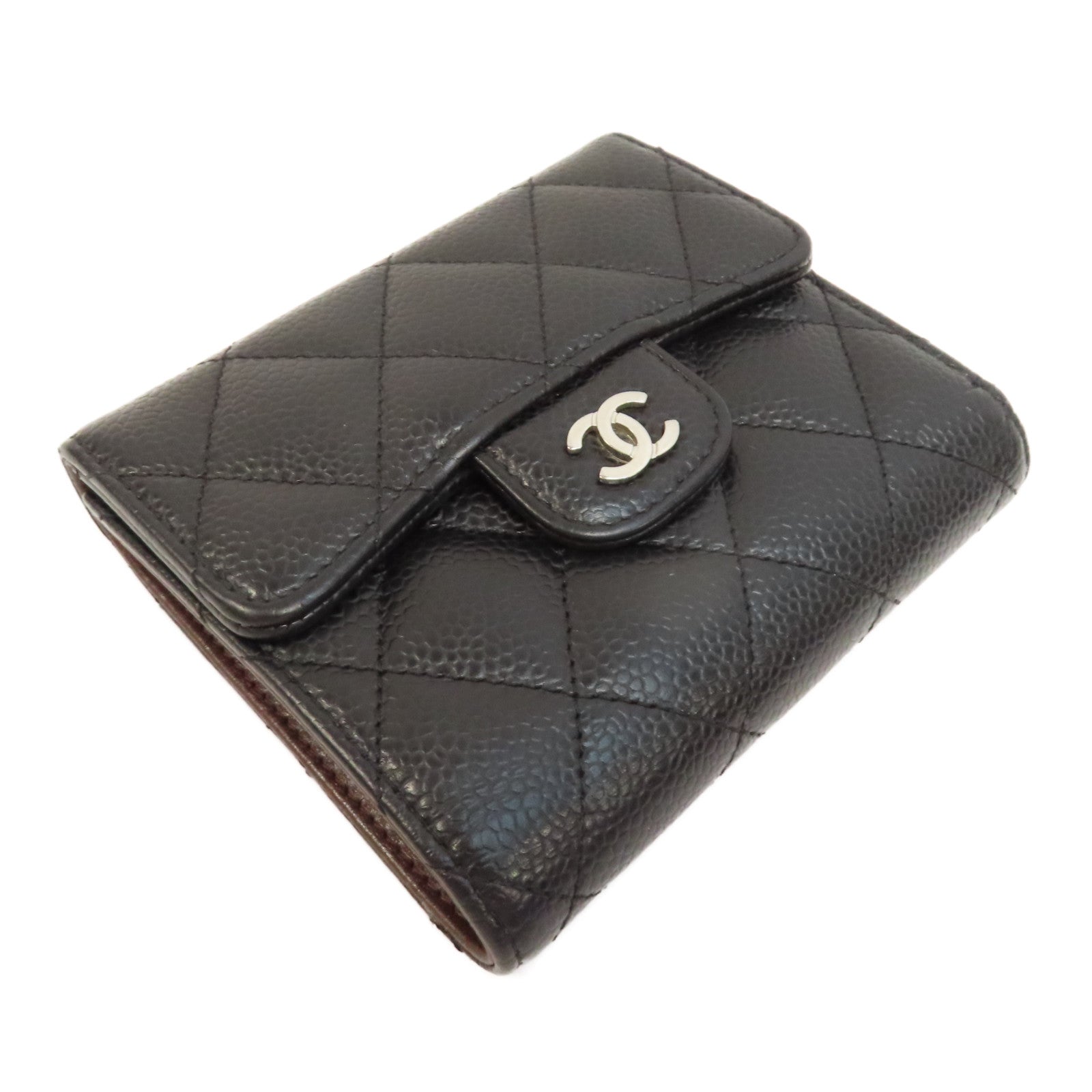 CHANEL 菱格Caviar皮革Wallet銀扣錢包黑色