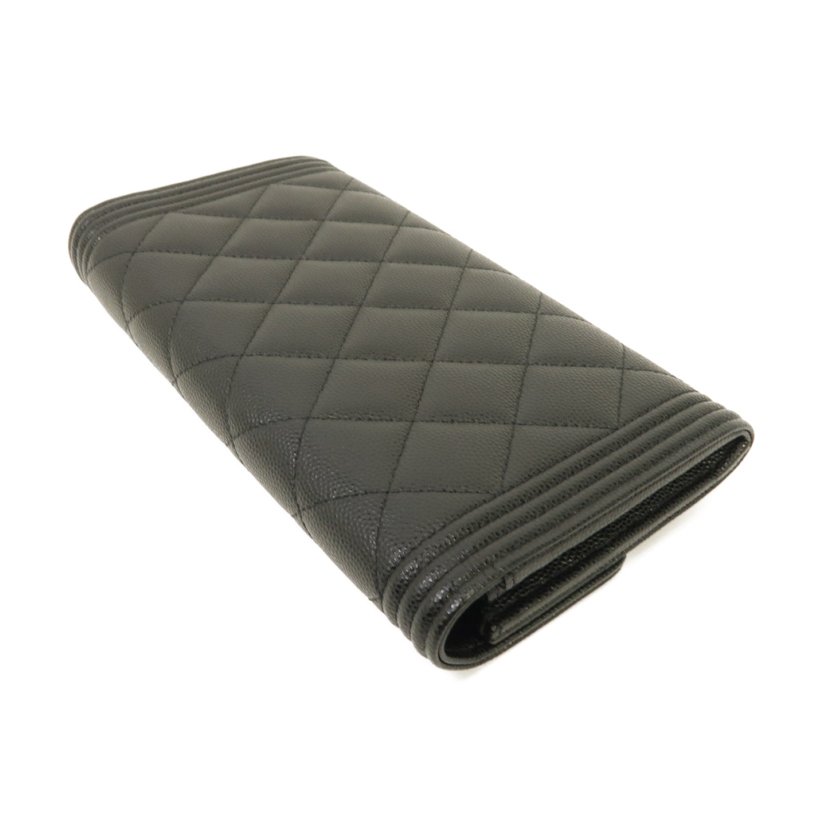 CHANEL 菱格Caviar皮革Boy Long Wallet銀扣長錢包黑色