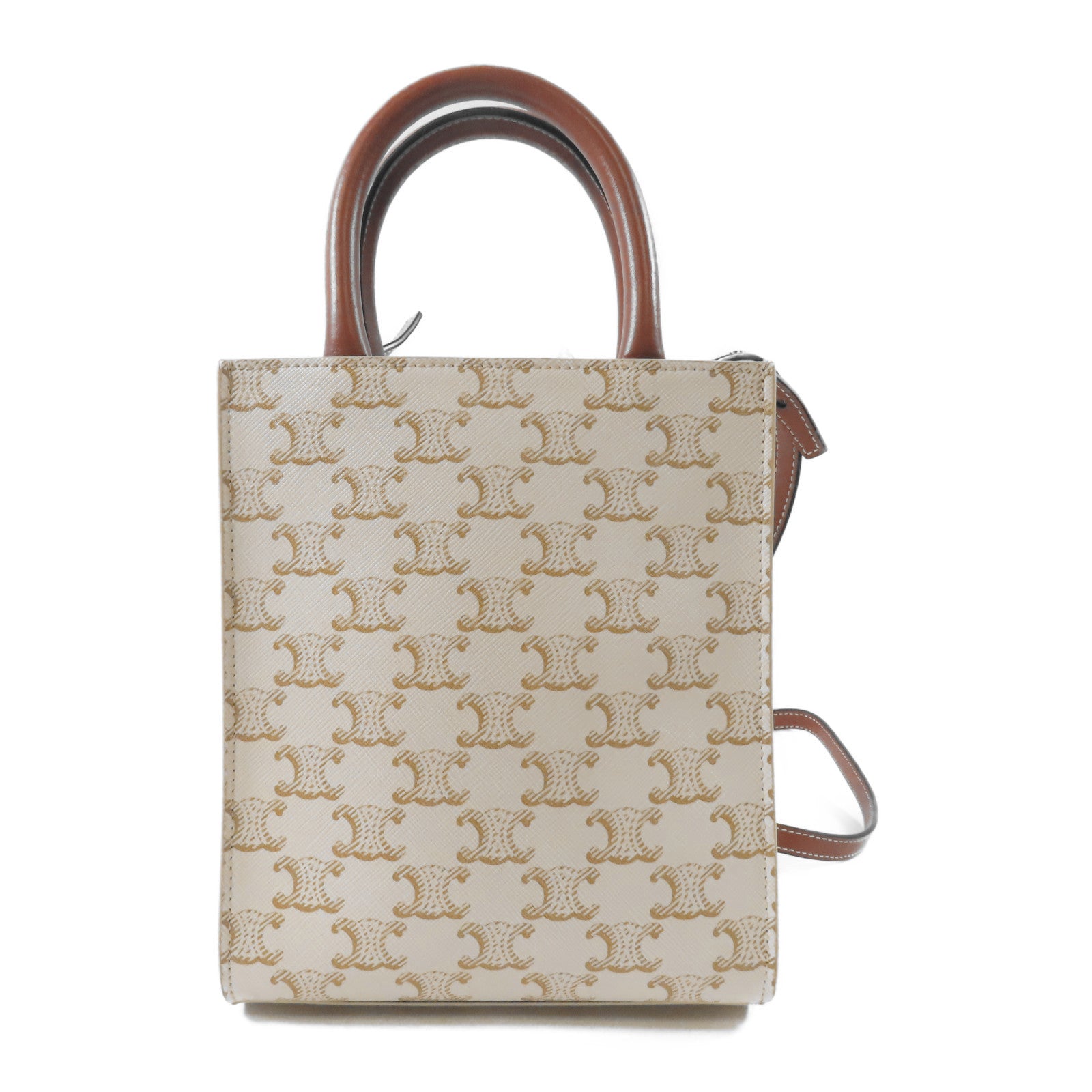 CELINE 塗層帆布/皮革Vertical Cabas Triomphe金扣手挽肩背兩用袋白色/啡色