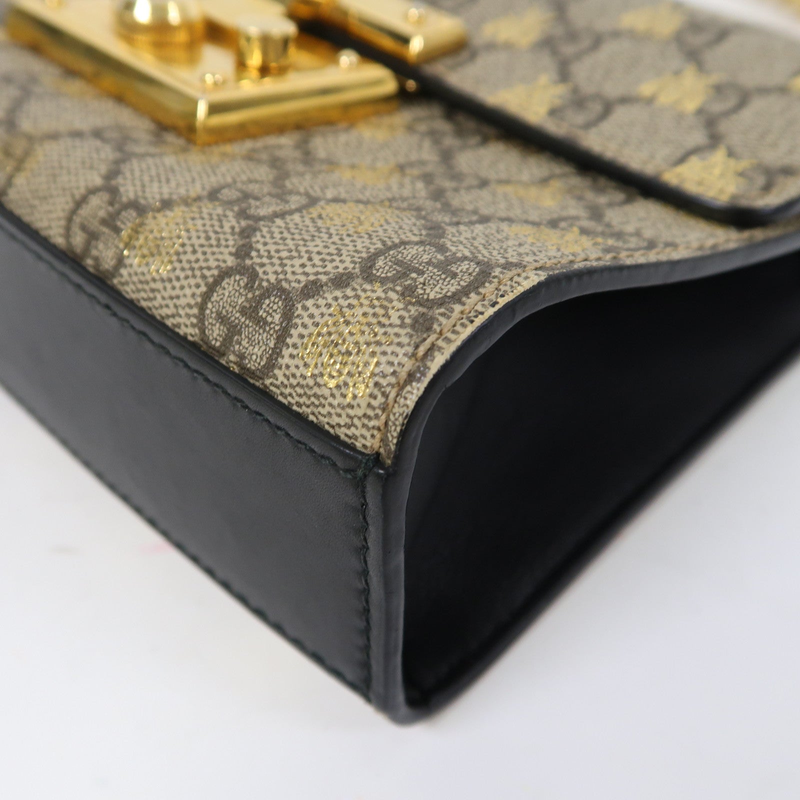 GUCCI 塗層帆布/皮革PadLock金扣鏈帶肩背袋啡色/黑色