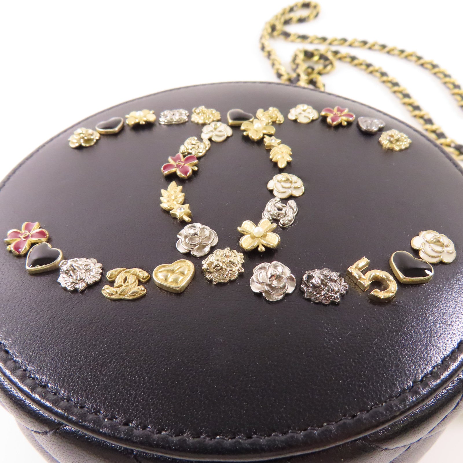 CHANEL 皮革Round Chain Shoulder Bag金扣鏈帶肩背袋