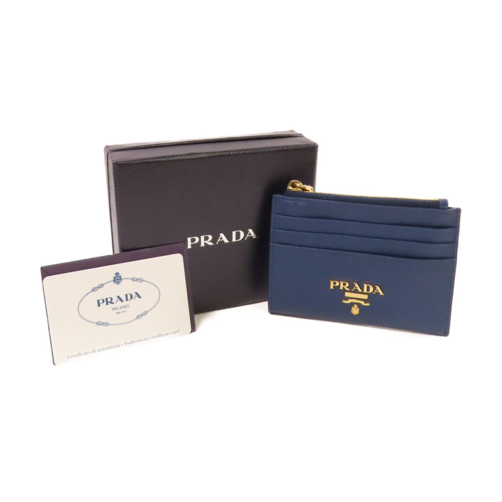 PRADA Saffiano皮革Card Holder金扣卡片套寶藍色