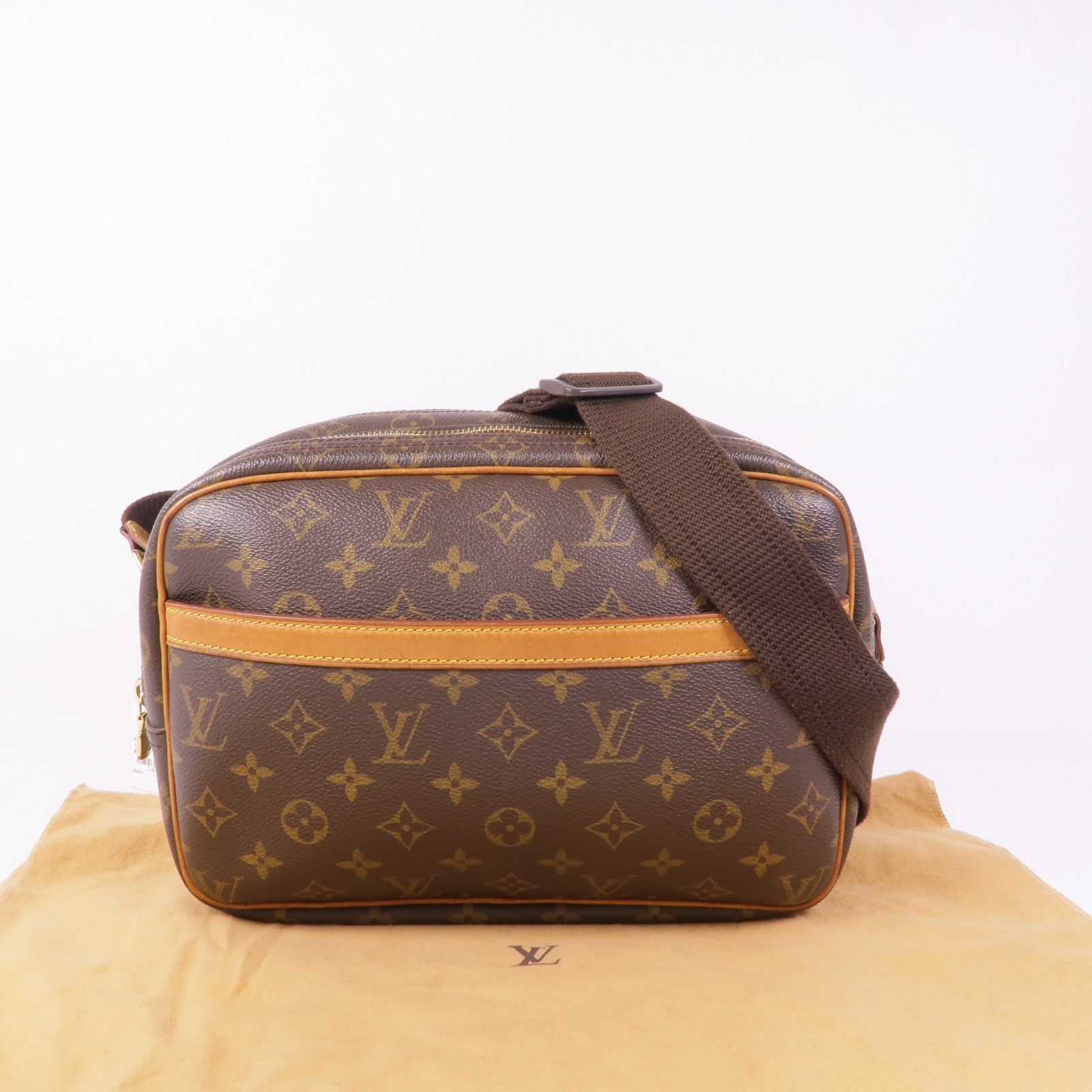 LOUIS VUITTON Monogram Reporter PM金扣肩背袋棕色