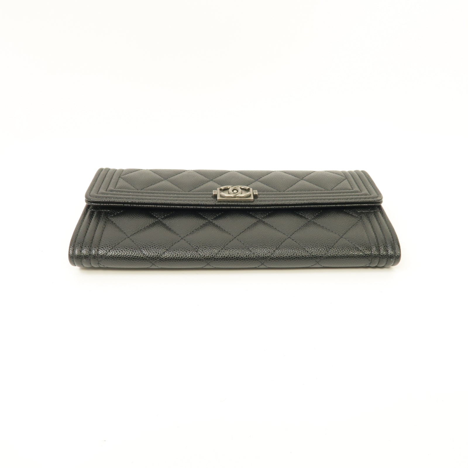 CHANEL 菱格Caviar皮革Boy Long Wallet銀扣長錢包黑色