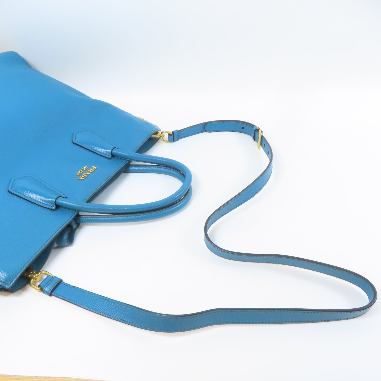 PRADA 【激減優惠】Saffiano皮革2 Way Shoulder Tote Bag金扣手挽肩背兩用袋藍色