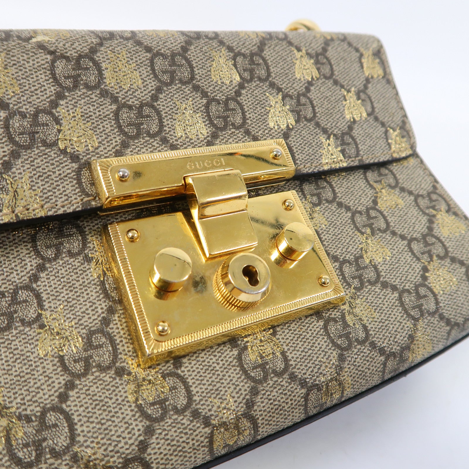 GUCCI 塗層帆布/皮革PadLock金扣鏈帶肩背袋啡色/黑色