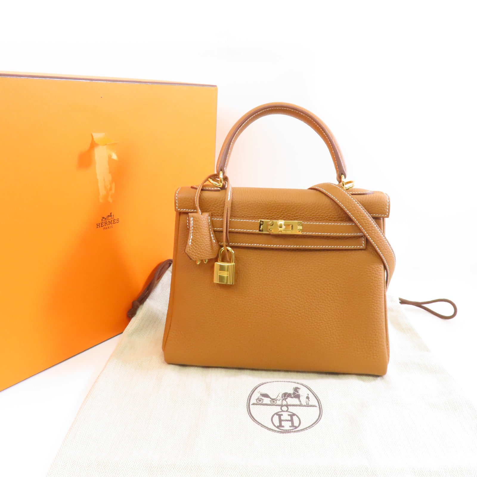 HERMES 【激減優惠】Togo皮革Kelly 25金扣手挽肩背兩用袋Gold啡色