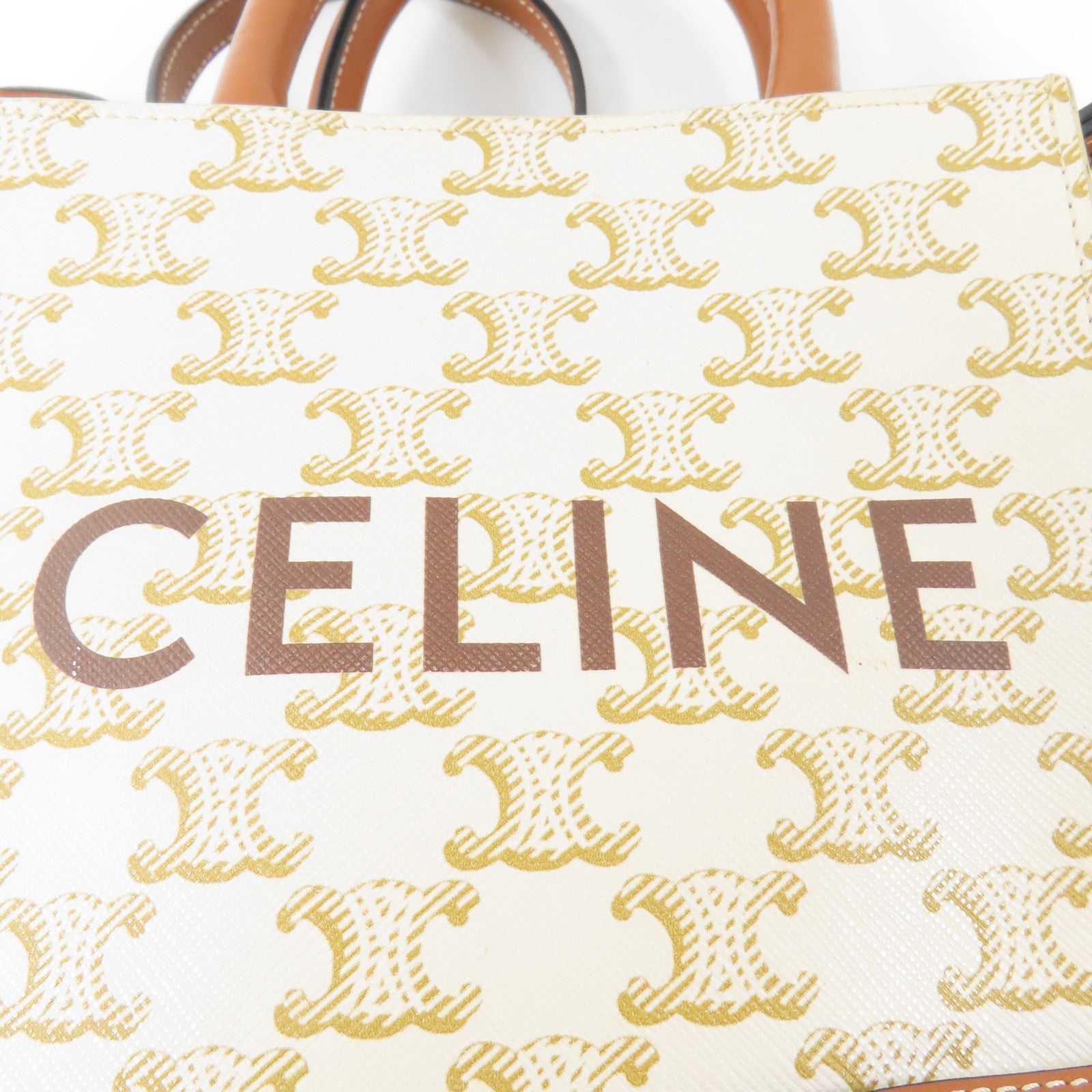 CELINE 塗層帆布/皮革Vertical Cabas Triomphe金扣手挽肩背兩用袋白色/啡色