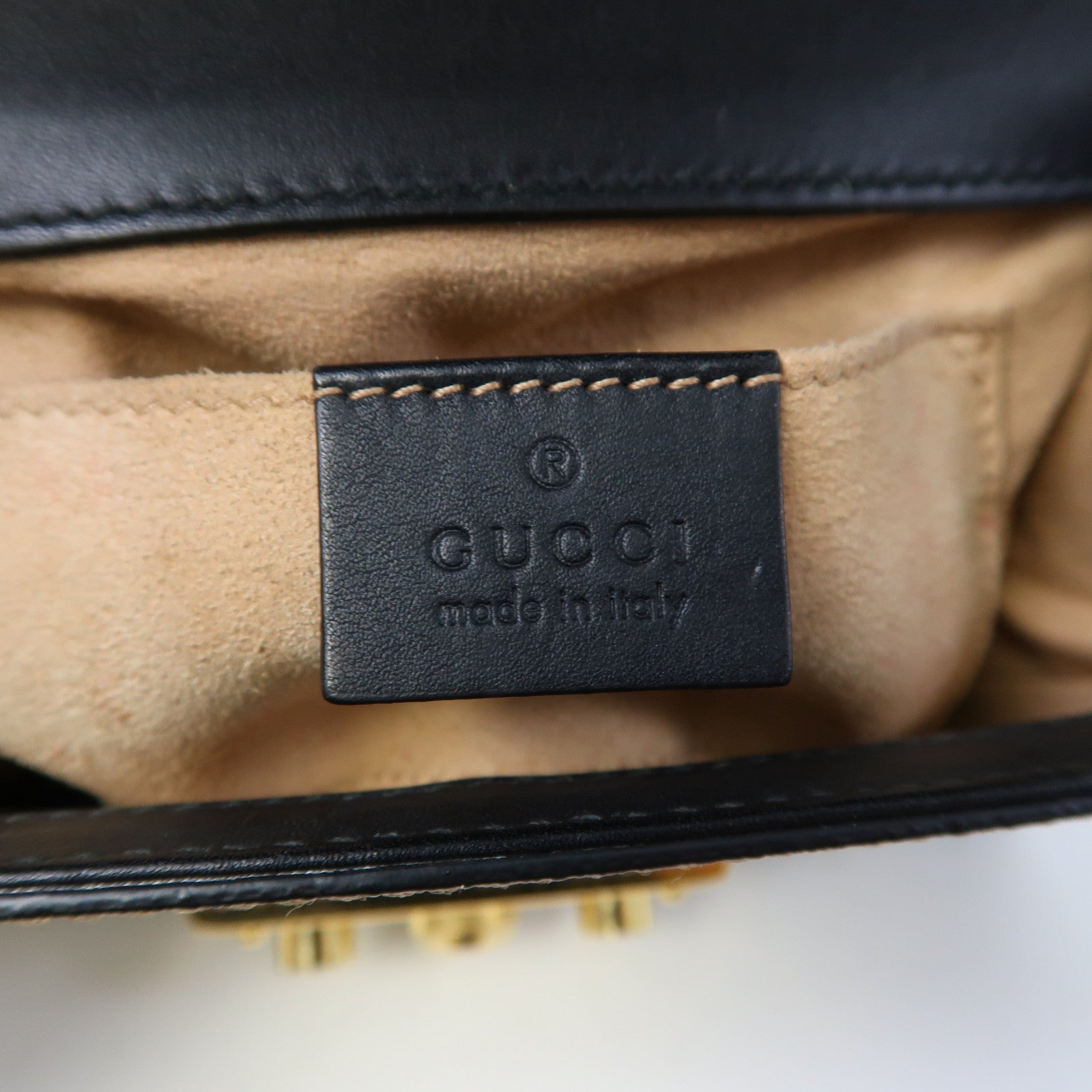 GUCCI 塗層帆布/皮革PadLock金扣鏈帶肩背袋啡色/黑色