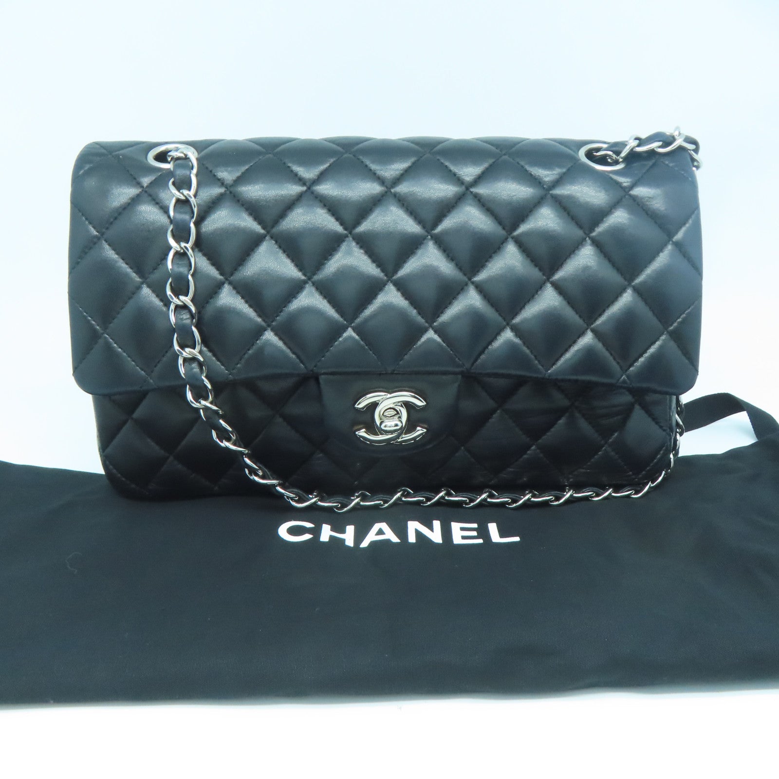 CHANEL 【清倉大減價】菱格羊皮皮革Classic銀扣鏈帶肩背袋黑色
