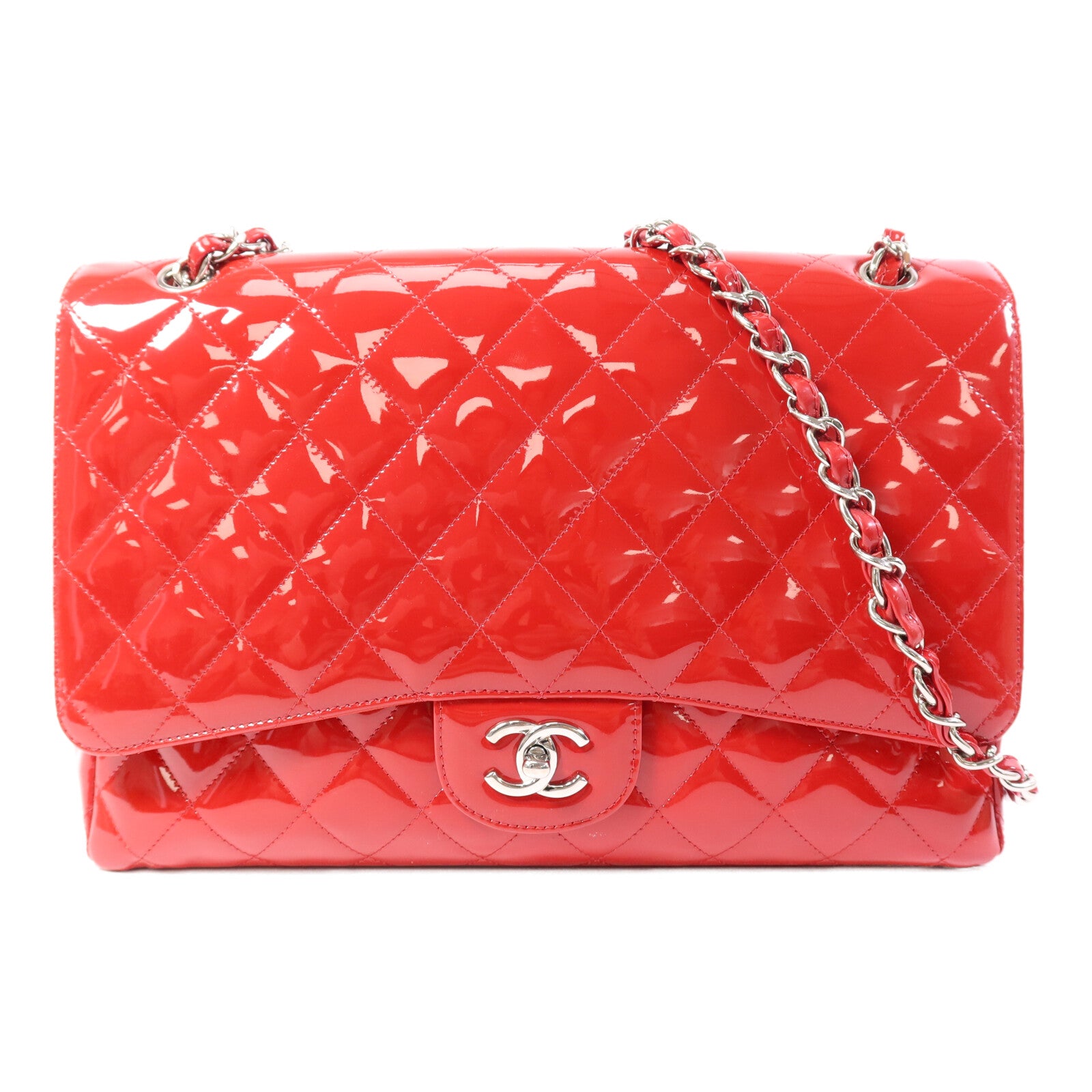 CHANEL 漆皮皮革Maxi Classic銀扣鏈帶肩背袋