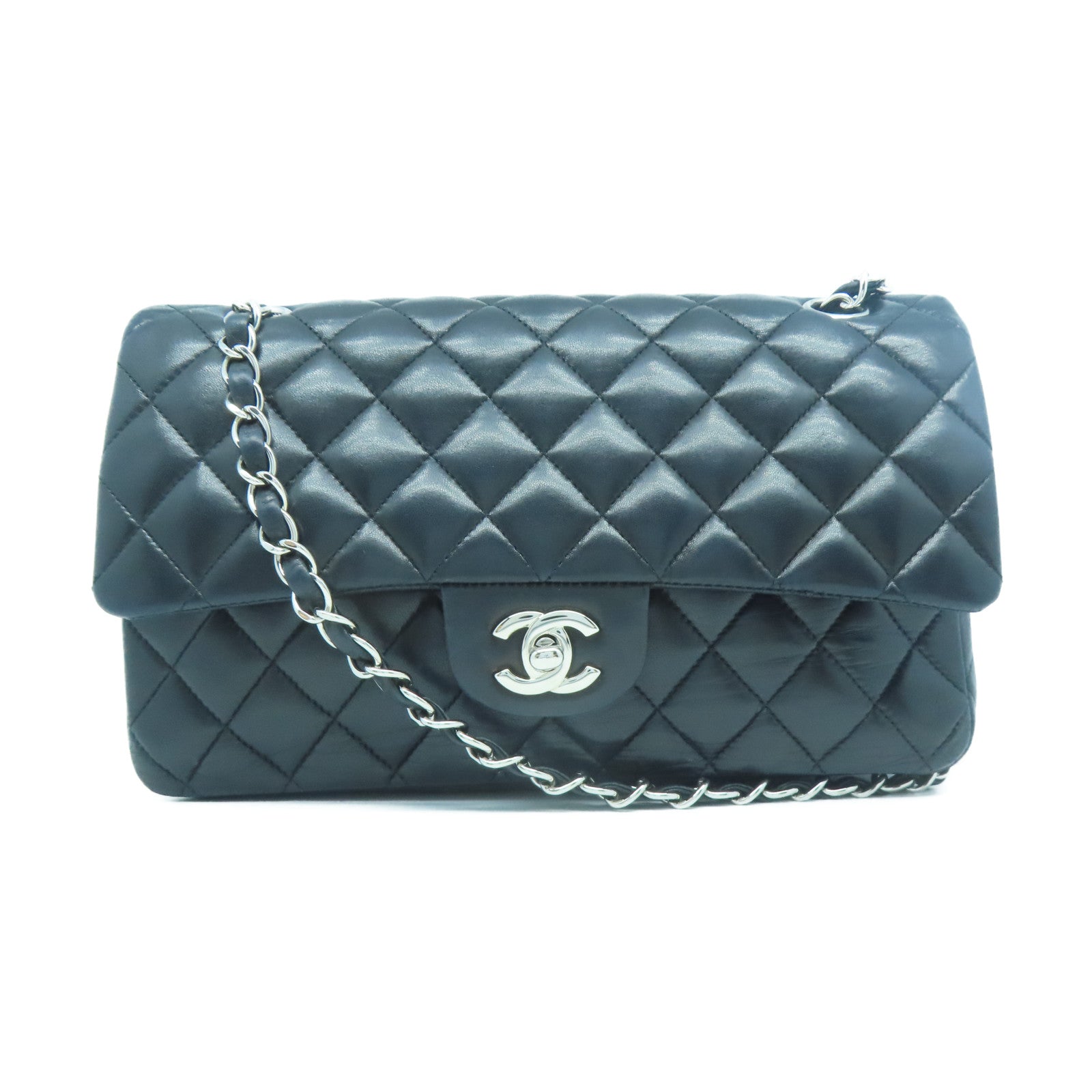 CHANEL 【清倉大減價】菱格羊皮皮革Classic銀扣鏈帶肩背袋黑色