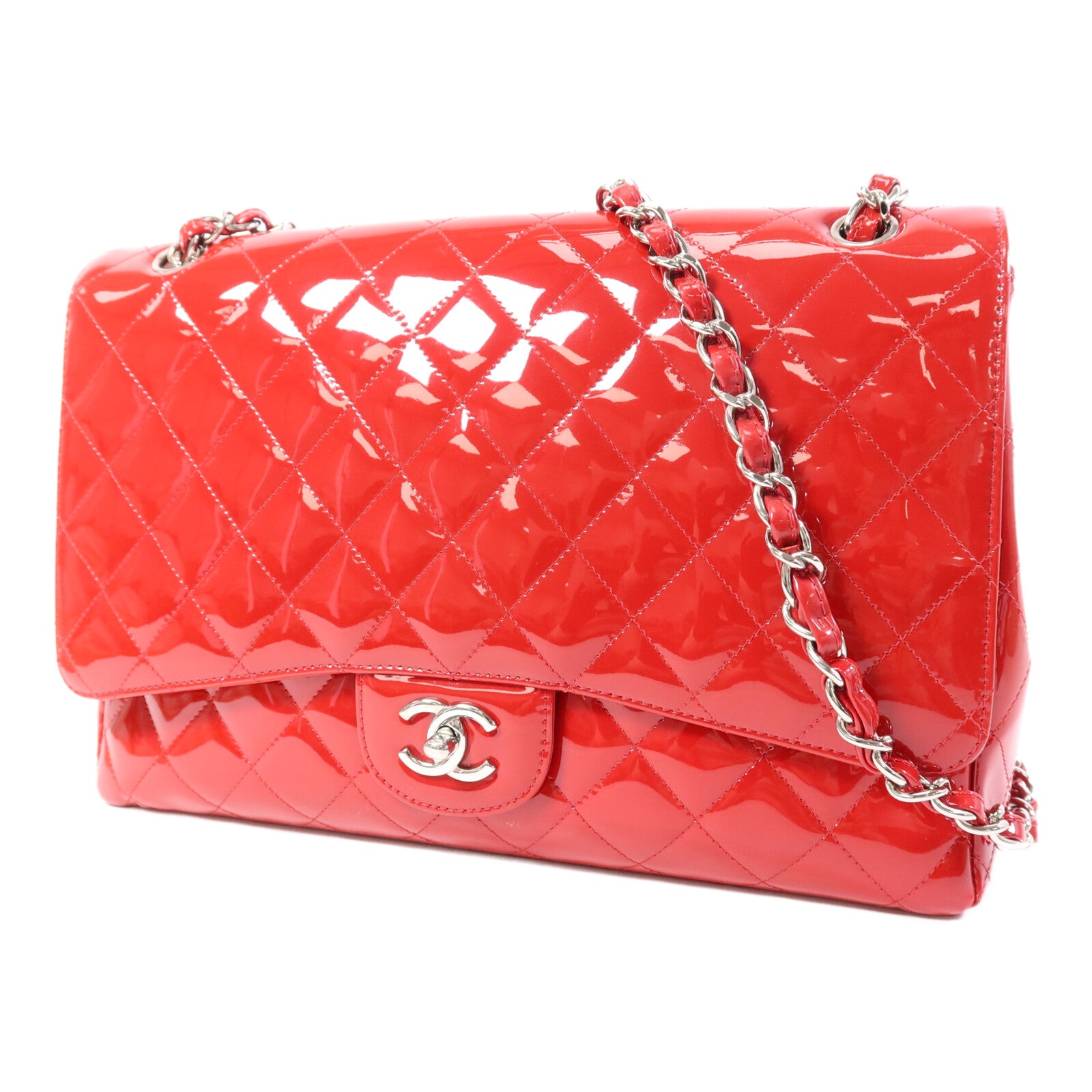 CHANEL 漆皮皮革Maxi Classic銀扣鏈帶肩背袋