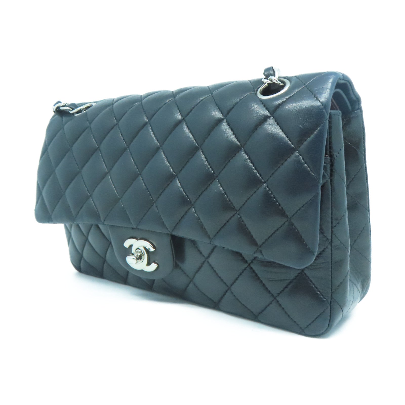 CHANEL 【清倉大減價】菱格羊皮皮革Classic銀扣鏈帶肩背袋黑色