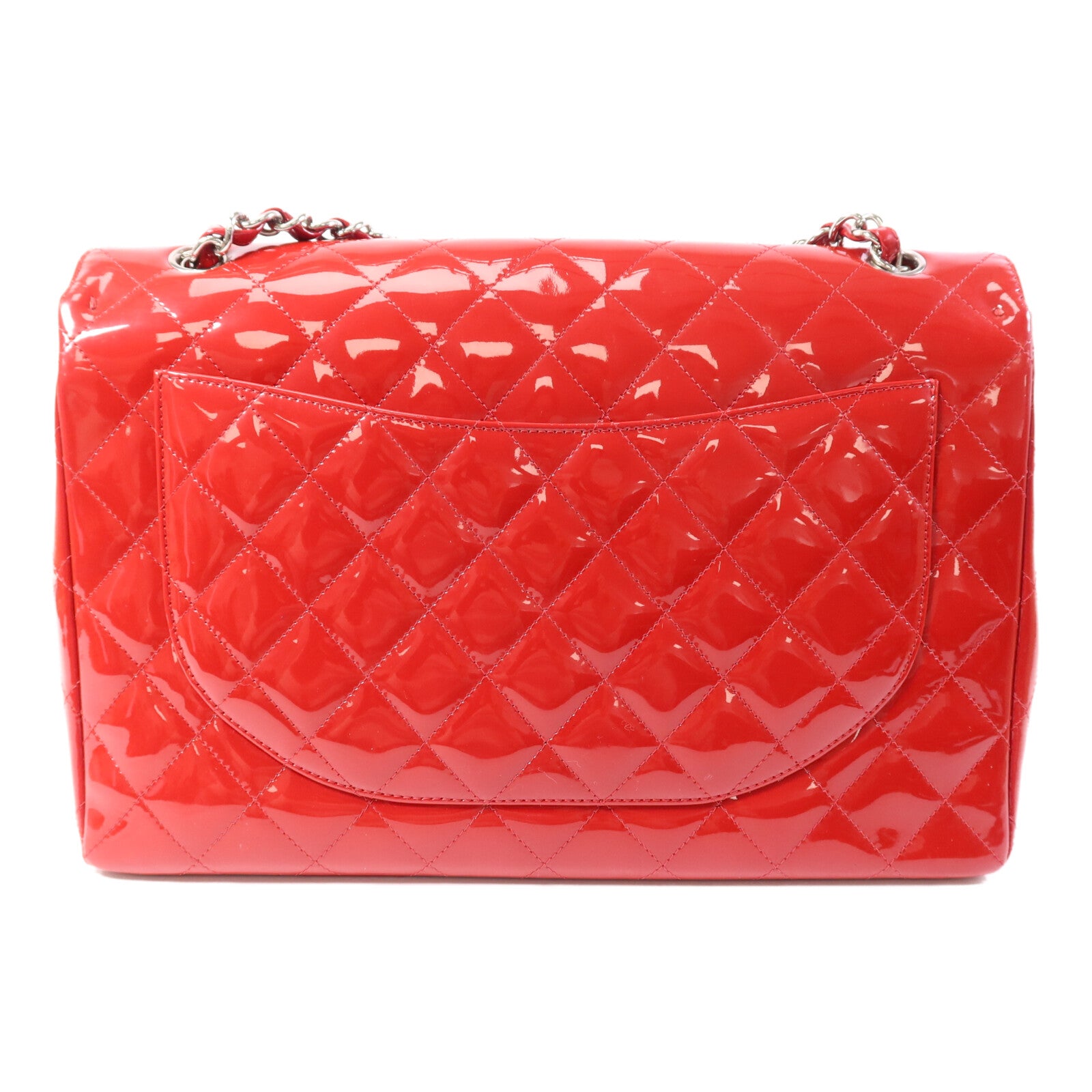 CHANEL 漆皮皮革Maxi Classic銀扣鏈帶肩背袋