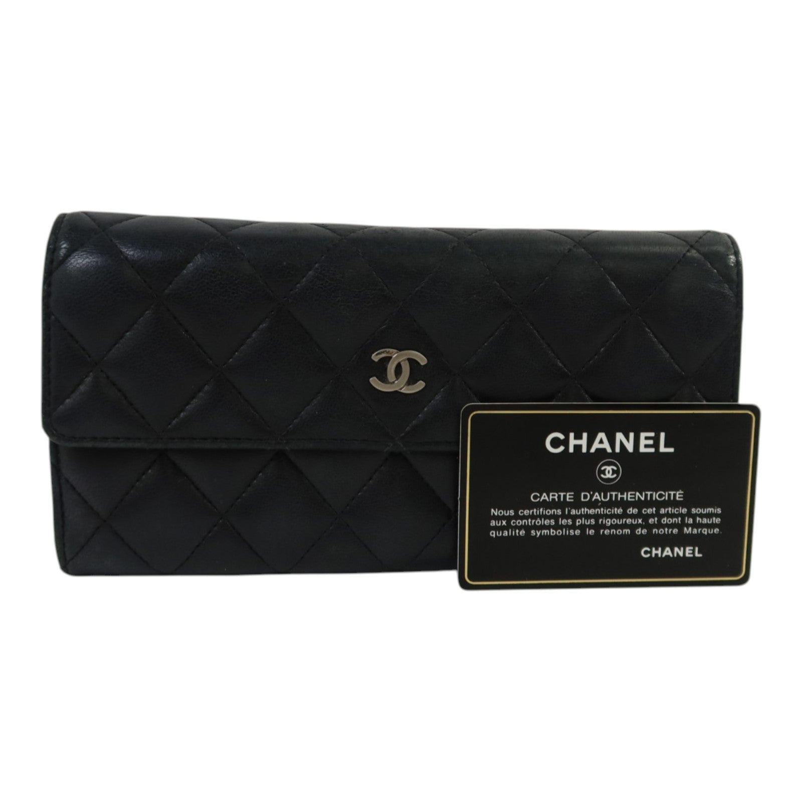 CHANEL 羊皮皮革Fold Wallet銀扣長錢包