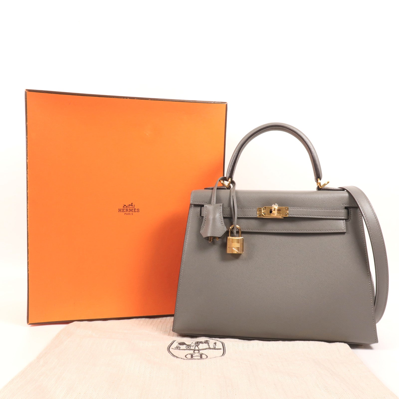 HERMES Madame皮革Kelly 25金扣手挽肩背兩用袋Gris Meyer