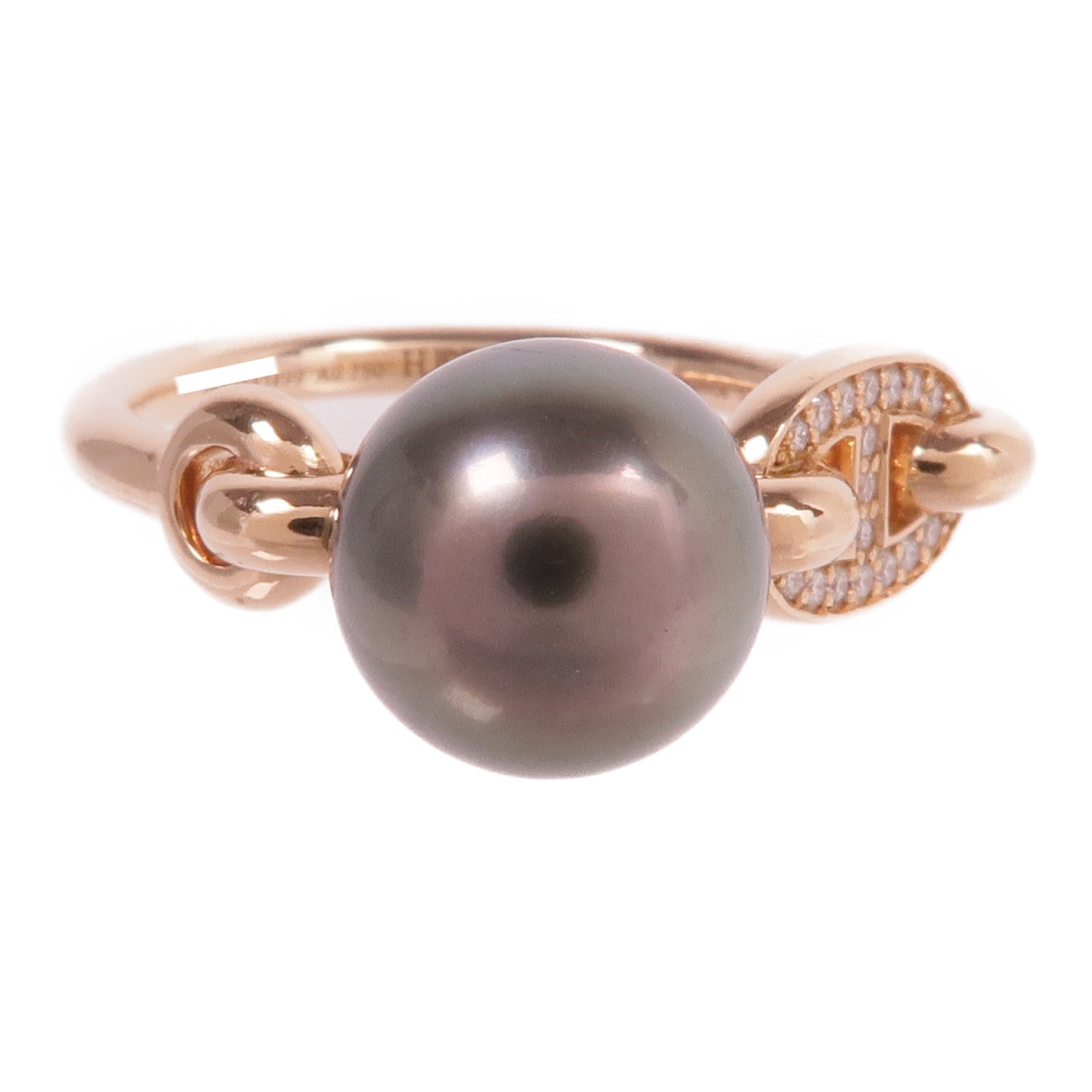 HERMES 18K玫瑰金Chandra Ring珍珠/鑽石戒指Hermes#52/US#6